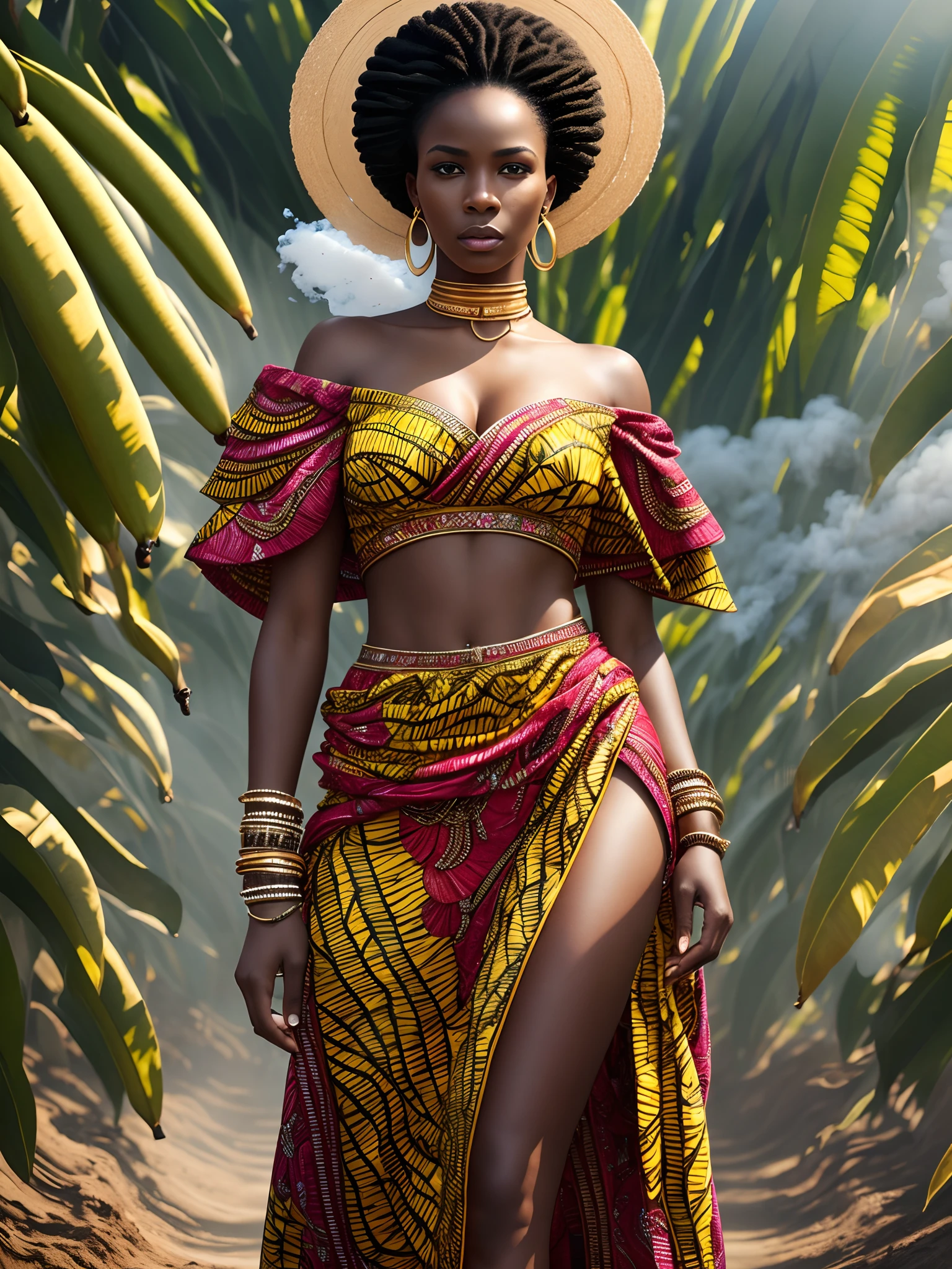 by royo, hyperdetailed, hyperrealistic, full body shot of an African woman, in an African  outfitwith vibrant colors, exaggerated shoulder pads, and bold accessories. Striking a powerful pose with an intense gaze, surrounded by a halo of smoke in tones that enhance her expression. Standing in a banana plantation with the smoke mimicking waves, matching the colors of her outfit. Perfect composition, exquisite attention to small details, realistic reflections, UHD, 32k, ultra-detailed texture, volumetric light, cinematic effects, masterpiece, trending on ArtStation, Octane 3D rendering --auto --s2