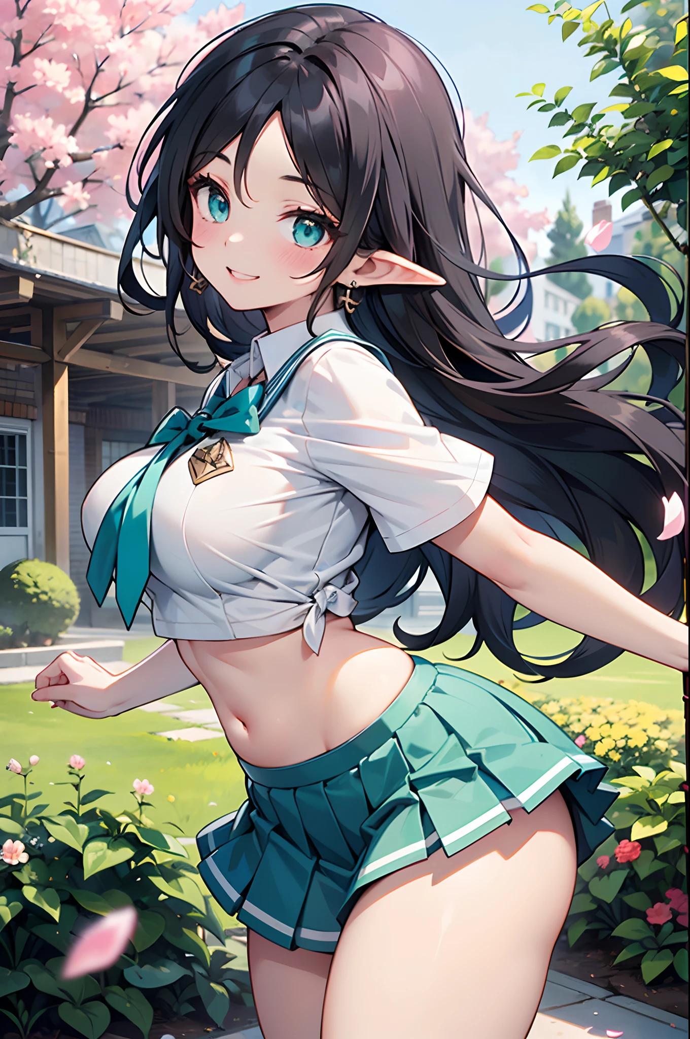 Realistic and detailed image of an elf dressed in a school uniform and pleated micro skirt. She has long wavy black hair. Turquoise eyes. She has earrings, long eyelashes. She has large , slim waist, wide hips and thick thighs. Smiling, pleased face. Arched back. There is a garden with flower petals falling around her.