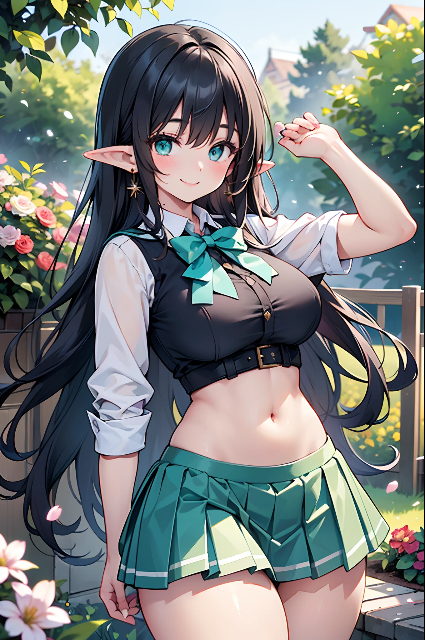 Realistic and detailed image of an elf dressed in a school uniform and pleated micro skirt. She has long wavy black hair. Turquoise eyes. She has earrings, long eyelashes. She has large breasts, slim waist, wide hips and thick thighs. Smiling, pleased face. Arched back. There is a garden with flower petals falling around her.