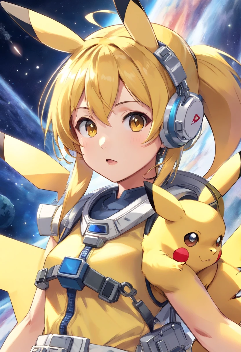 Playful and cute Pikachu wearing astronaut costume,Lively and agile,Pikachu has a large area of traditional tattoo tattoos on his body,Yellow and soft hair,Red blush,Size, Twinkle eyes,Cute pointy ears。(Pikachu:1.5),