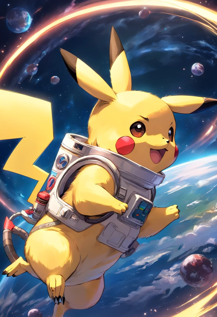 Playful and cute Pikachu wearing astronaut costume,Lively and agile,Pikachu has a large area of traditional tattoo tattoos on his body,Yellow and soft hair,Red blush,Size, Twinkle eyes,Cute pointy ears。(Pikachu:1.5),