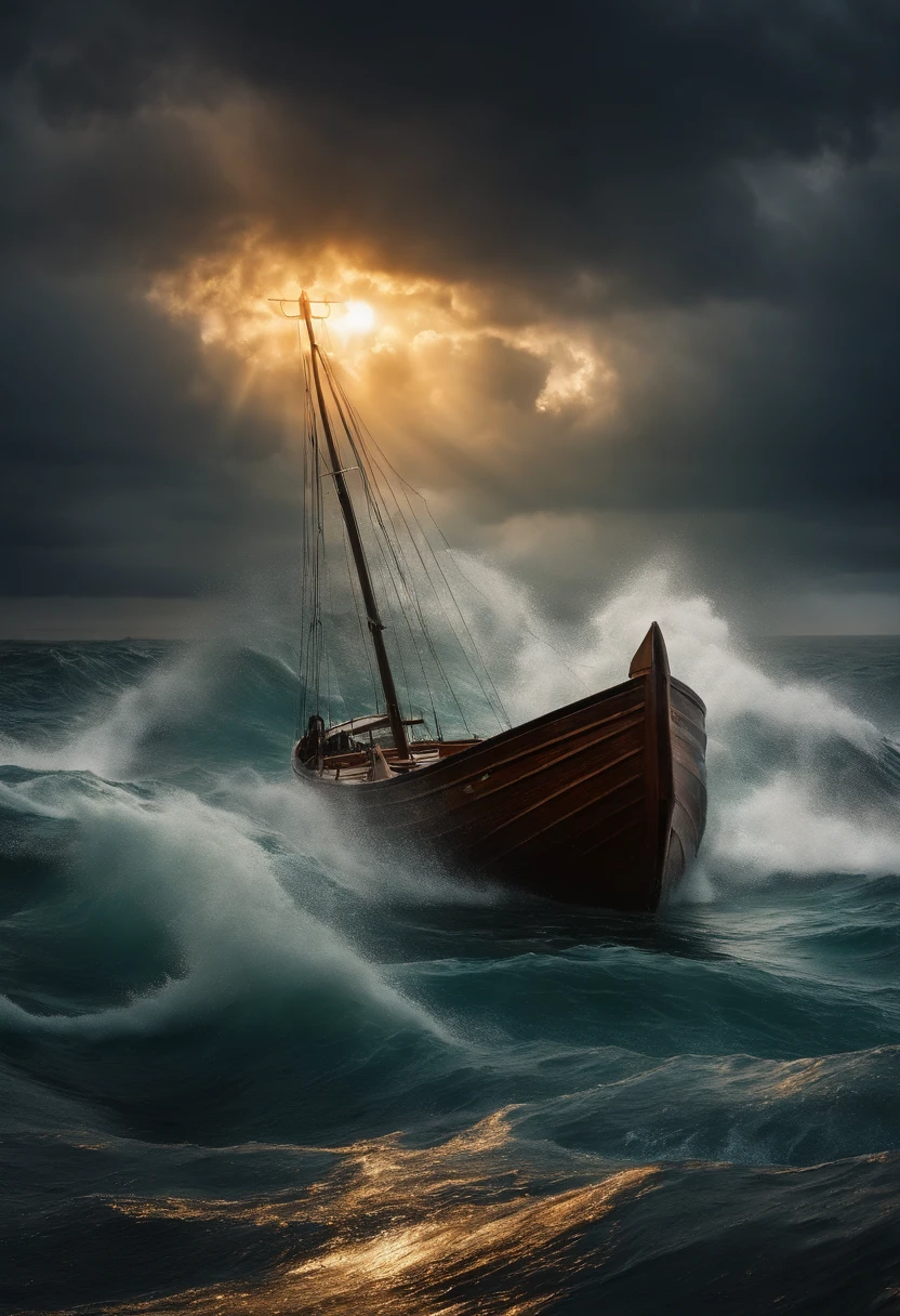 A RAGING STORM IN THE MIDDLE OF THE SEA, EMPTY BOAT, RAINY, LIGHTING STRIKE, CLOUDY, SUN RAY UP FAR AWAY TO THE LEFT, A MAN STANDING, JESUS CHRIST STAND IN WATER SHOUT ,