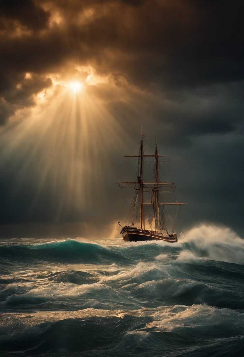 A RAGING STORM IN THE MIDDLE OF THE SEA, EMPTY BOAT, RAINY, LIGHTING STRIKE, CLOUDY, SUN RAY UP FAR AWAY TO THE LEFT, A MAN STANDING, JESUS CHRIST STAND IN WATER SHOUT ,
