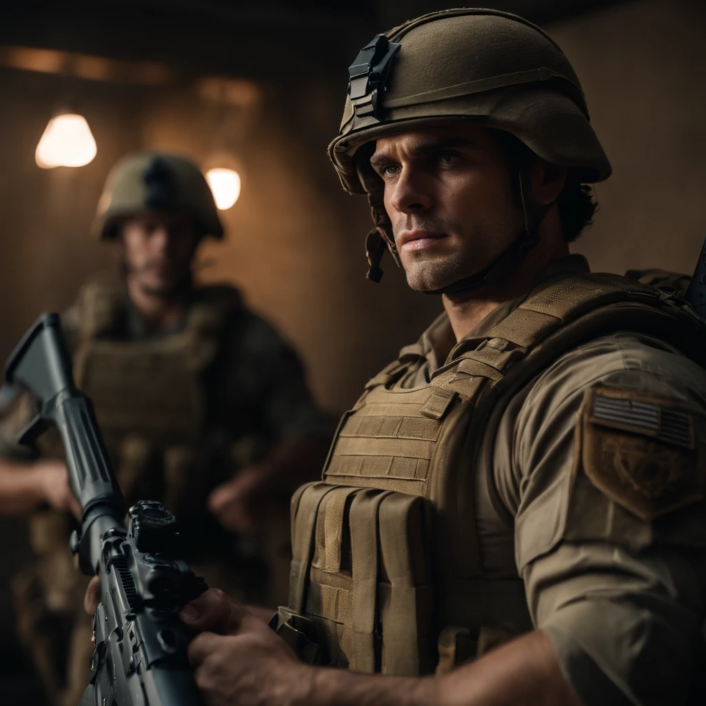 o ator Henry Cavill, lutando no front de guerra, dia chuvoso em um uniforme militar multicam, usando um colete Plate Carrier ForHonor bandeira americana, com uma faca militar. 
(best quality, 4k, alto, master part:1.2), ultra-detalhado, (Realistic, fotorrealista, photo-realistic:1.37), HDR, UHD, studio lighting, extreme detail description, profissional, vivid colors, Bokeh, retrato.