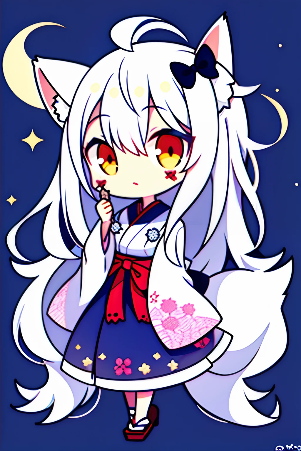 1girl, moon, bird, star_\(sky\), long_hair, starry_sky, (((white_hair))), animal, wide_sleeves, night, flower, night_sky, holding, very_long_hair, full_moon, looking_at_viewer, ribbon_trim, ribbon-trimmed_sleeves, long_sleeves, skirt, red_eyes, solo, japanese_clothes, sky,((medium breasts)),  (((Pornographic tattoo))),fox ears, fox tail, fox girl,