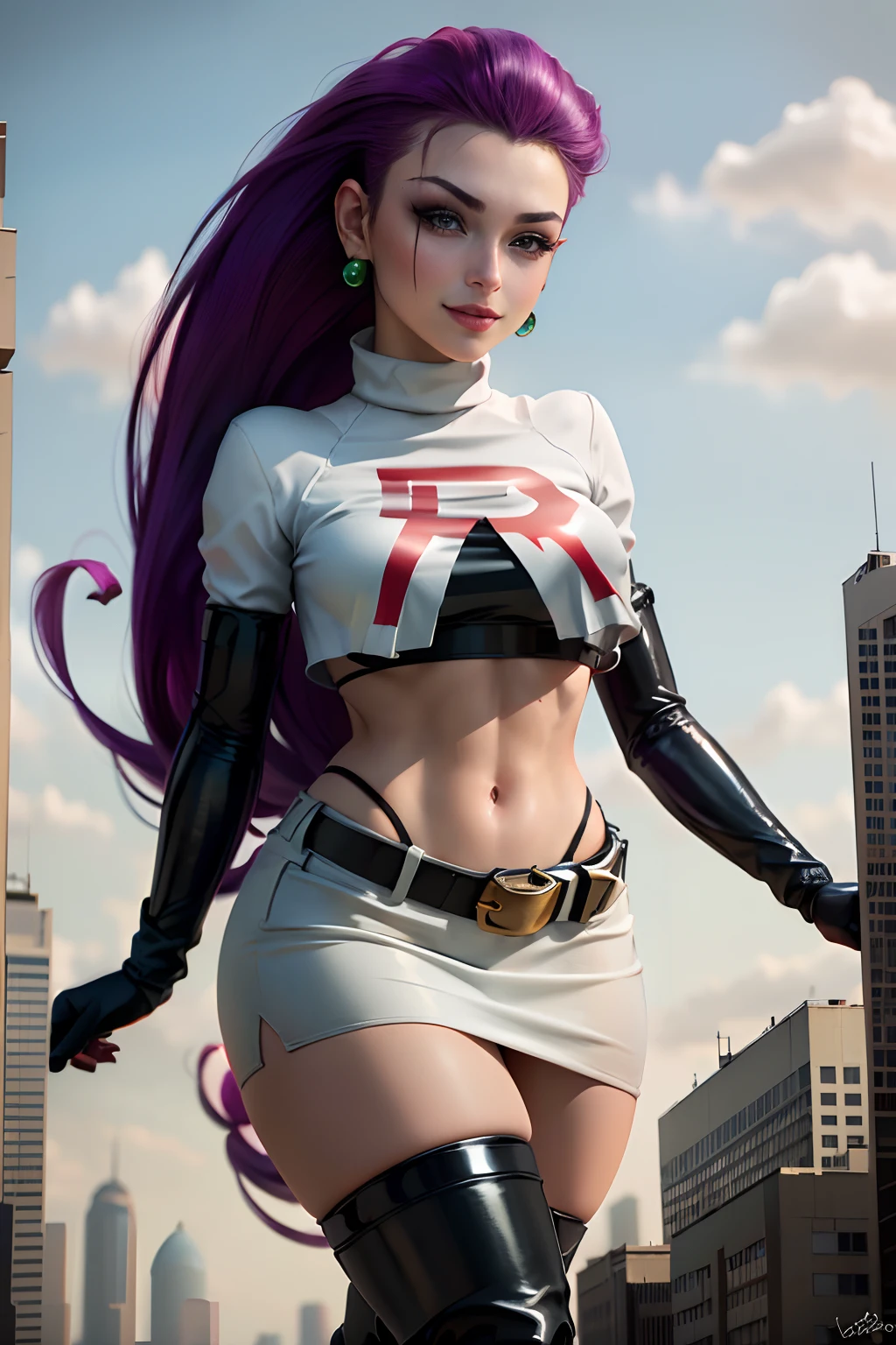 giantess, jessie pokemon, solo, team rocket, gloves, hair slicked back, long hair, jewelry, skirt, navel, thighhighs, earrings, elbow gloves, team rocket uniform, crop top, blue eyes, midriff, walking in the gtscity, belt, black gloves, very long hair, simple background, smile, black thighhighs, purple hair, looking at viewer, breasts, white skirt, miniskirt