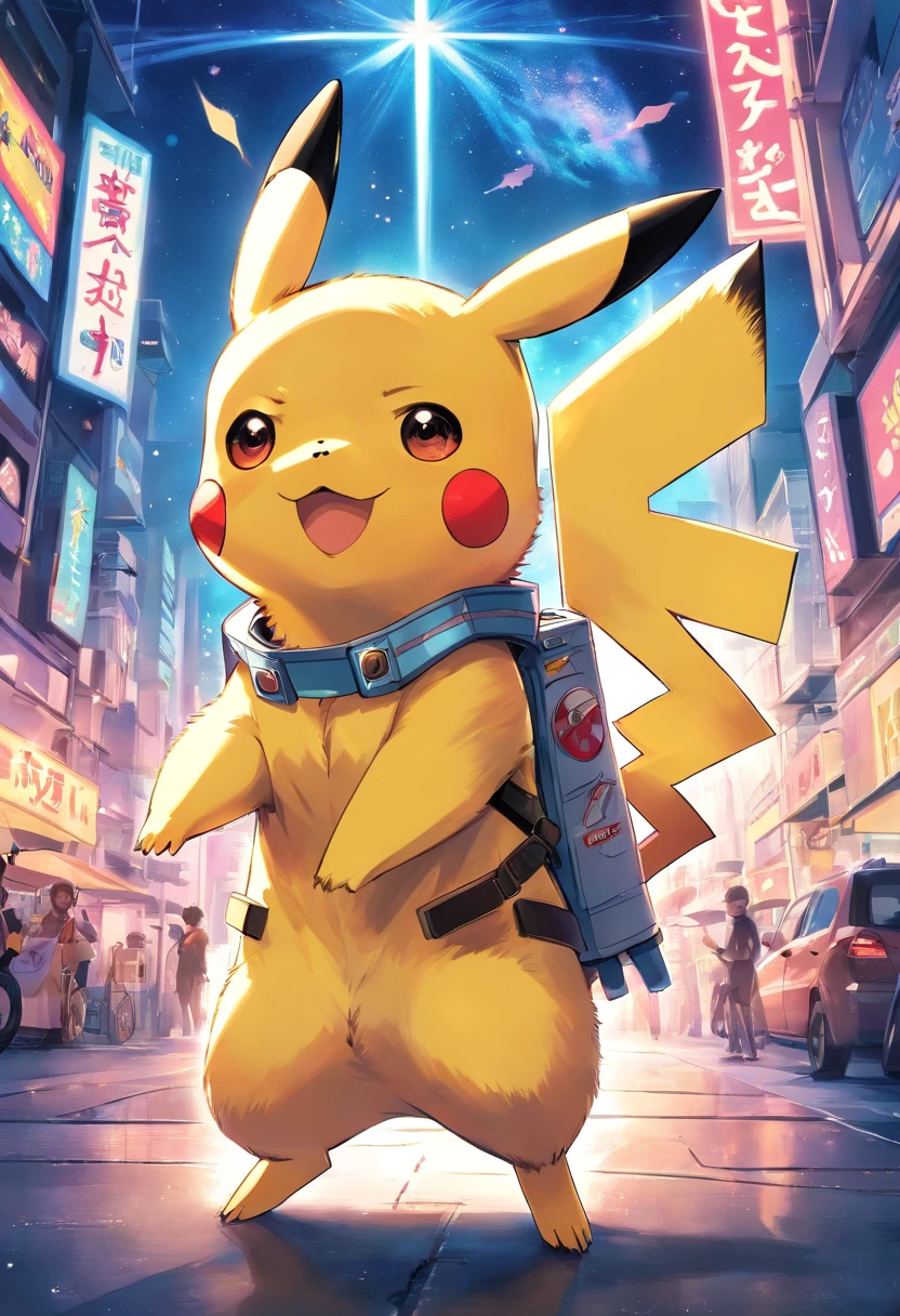 Playful and cute Pikachu wearing astronaut costume，Lively and agile，Pikachu has a large area of traditional tattoo tattoos on his body，Tattooed flower arms，Yellow and soft hair，Red blush，Size, Twinkle eyes，Cute pointy ears。(Pikachu:1.5),