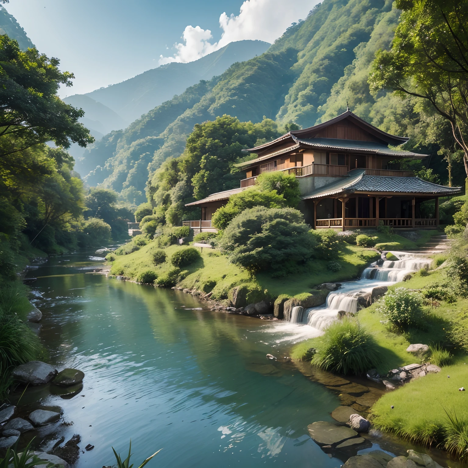 Landscape painting,Green hills,A house is located at the foot of a mountain,The creek gurgles through,Wooded,A small bird flies,A fisherman fishing quietly。The scene is full of natural harmony and tranquility。