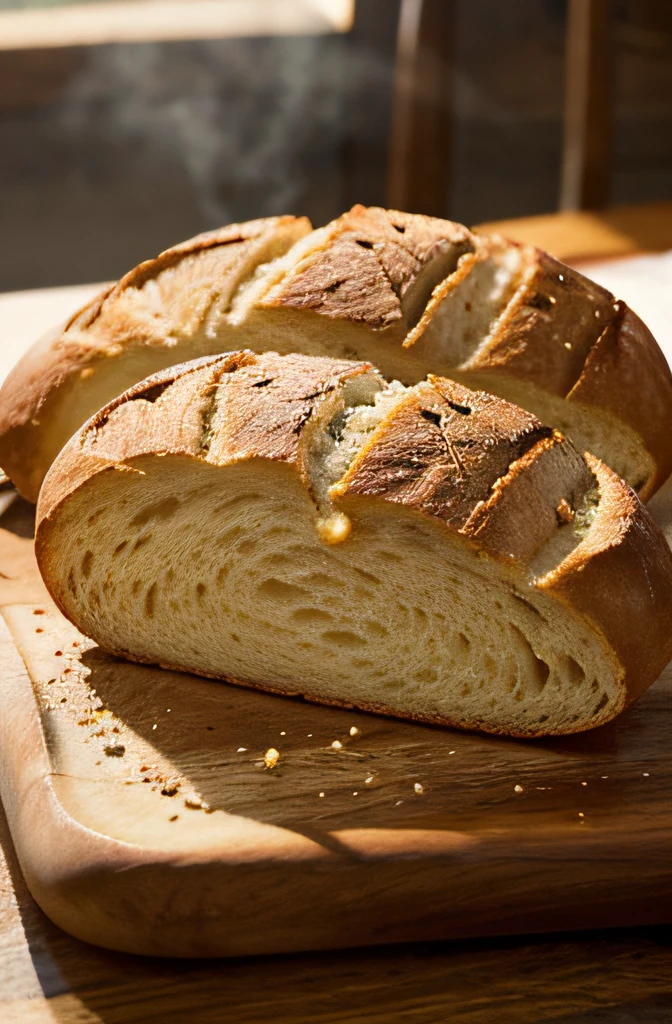 Photo of mouthwatering French bread served on the table smoky buttered with a breakfast crisp natural lighting vibrant colors masterpiece 8K