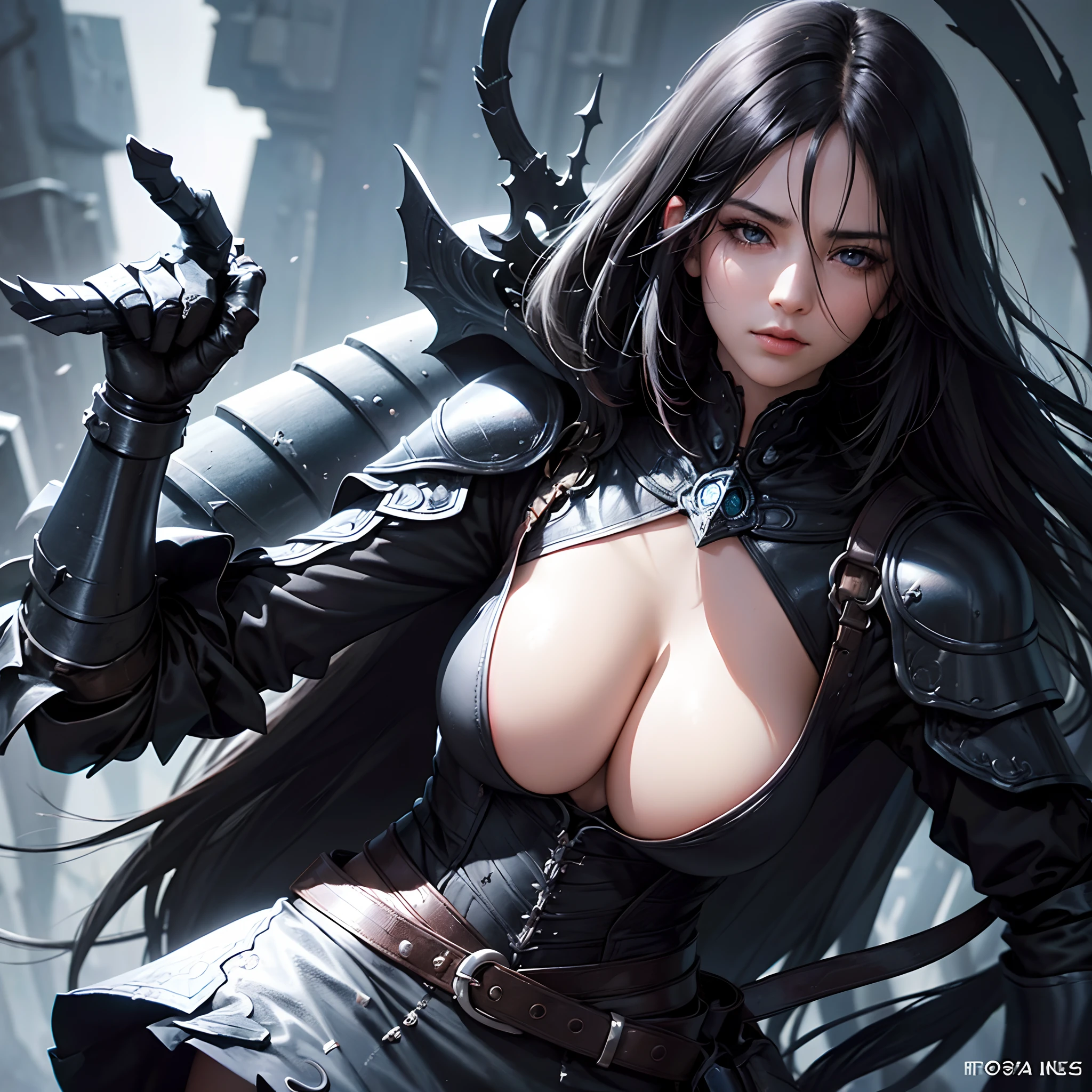 (black long hair, piercing detailed black eyes, serious expression, large breasts, huge black armor, warrior, dark, mysterious, dark atmosphere) (best quality, ultra-detailed, realistic:1.37), (portraits, fantasy, dark fantasy), (deep blue color tone, low-key lighting)
Notes:
- Because I gave the character theme,So be sure to describe the eyes of the characters、nase、Lips and other details。
- No need to join":"big breasts and big breasts"."Make segmented descriptions。
- There is no need to explain the meaning of prompt and the specific meaning of each tag。
- You can add reasonable picture details as needed。
- It is best to add the usual high-quality and enhanced tags to it。
