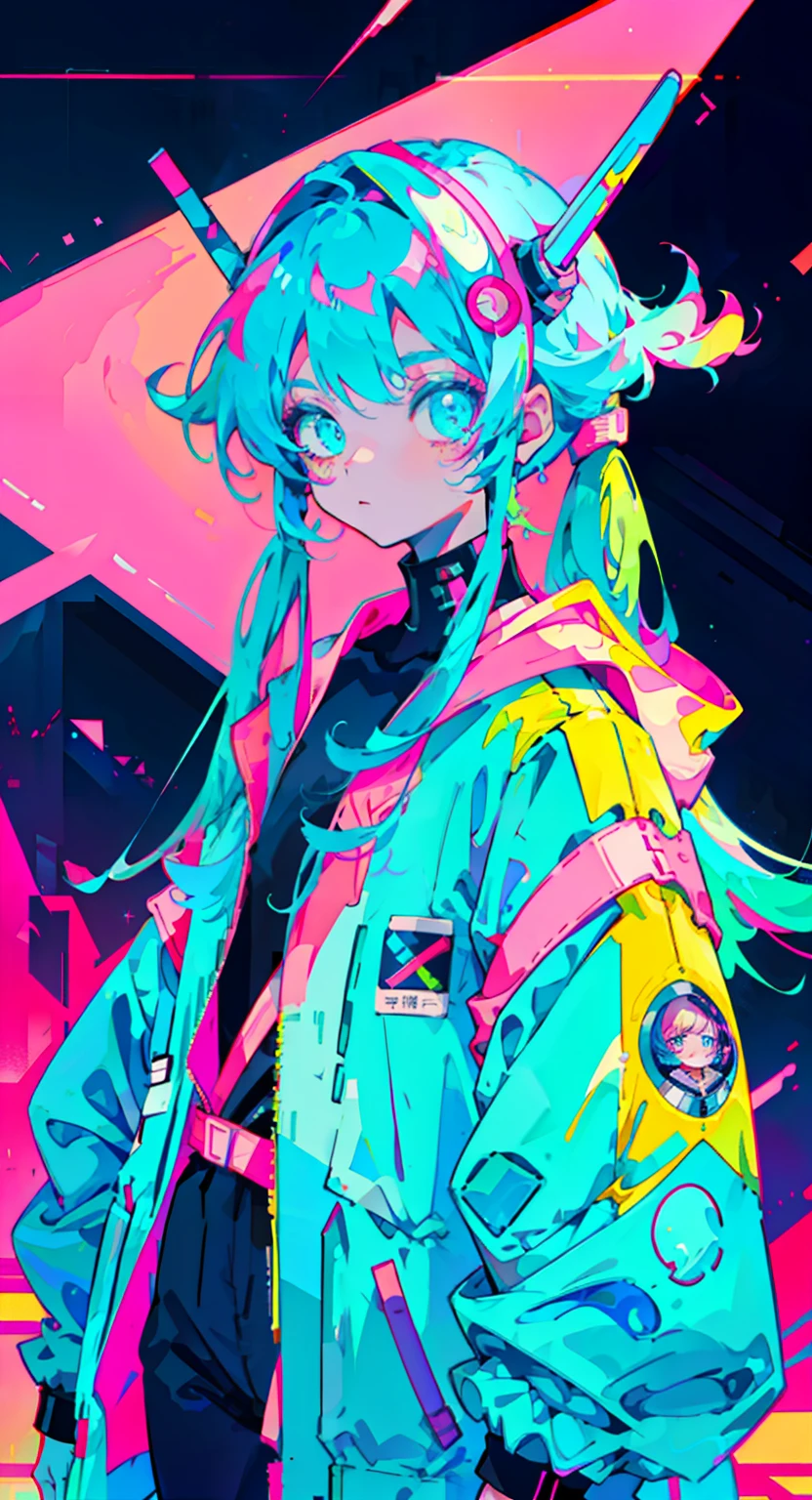 anime girl tied long hair, wearing astronaut suit, neon blue hair, and pink colors, scars, stickers, neon style of whole shot, cool pose