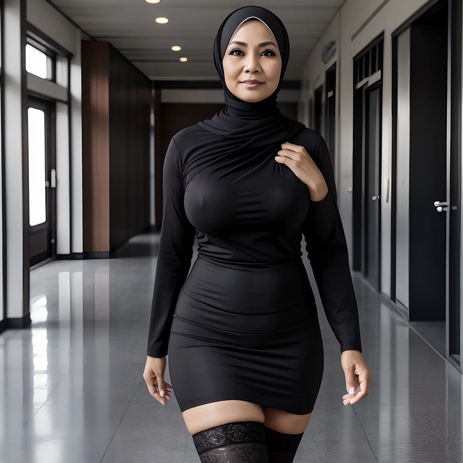 56 Years Old, Malaysian mature woman,wearing hijab, wearing tight Teacher uniform, black sexy Long stockings,huge breast, cleavage breast, seductive face, full body, walking on school corridor, her huge breast about to burst out from her uniform, her upper uniform open up