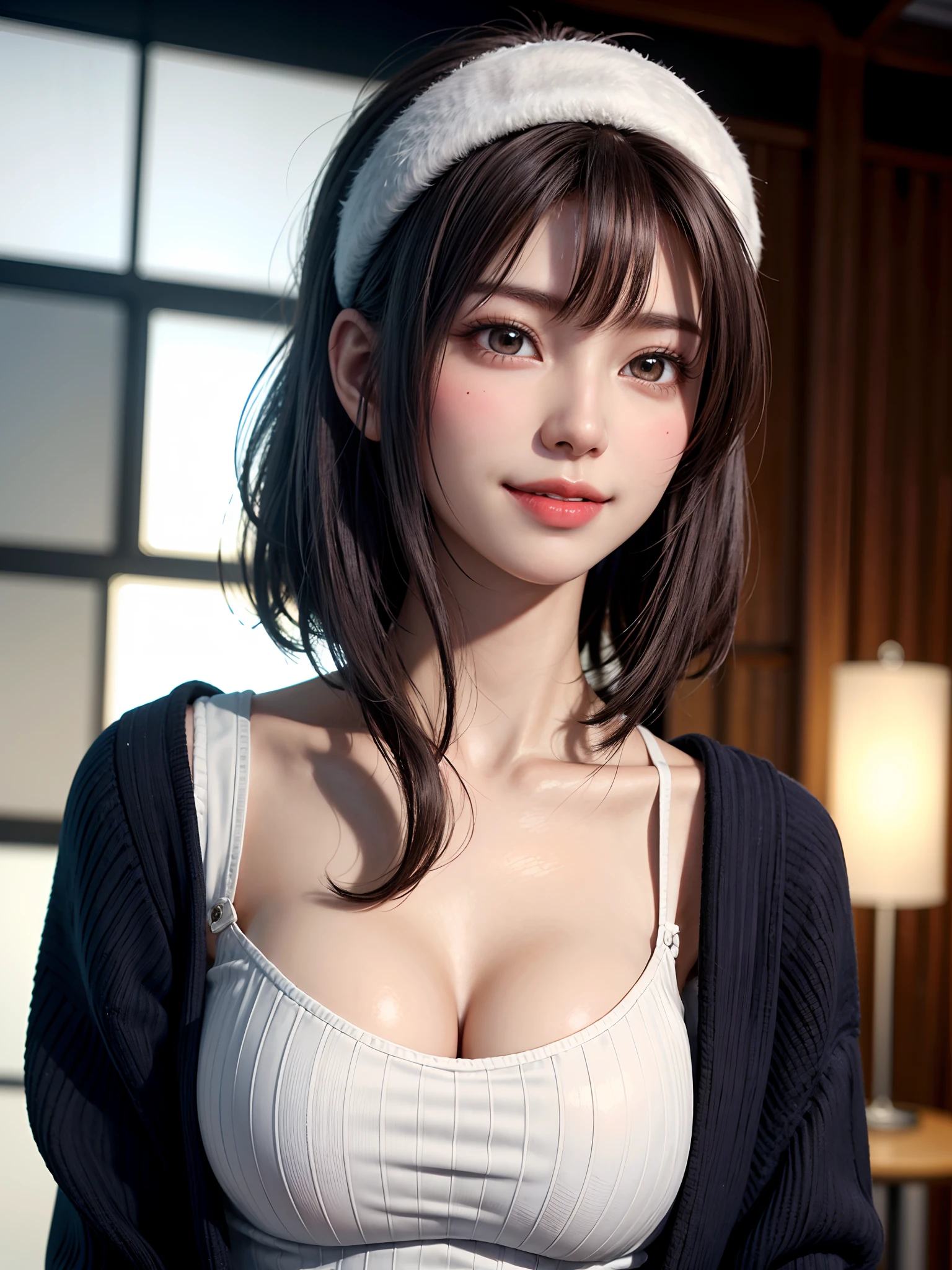 (​masterpiece, top-quality、Beautiful woman full of adult charm８),1girl in, 独奏, A dark-haired, scarf, Hats,, realisitic, looking at the viewers, black eyes of light color, shorth hair, coat, Winter clothes, White headscarf, s lips, lipgloss，bangss,, a closed mouth, The upper part of the body、big eye、Lashes、((Street))、((Shorthair with bangs、big eye、Put very strong highlights in your students、very Bigger breasts、gazing at viewer、Very beautiful beauty、Put your ears out、long neck、little smiling、Close your mouth and smile)))、28 year old、Cute supermodels