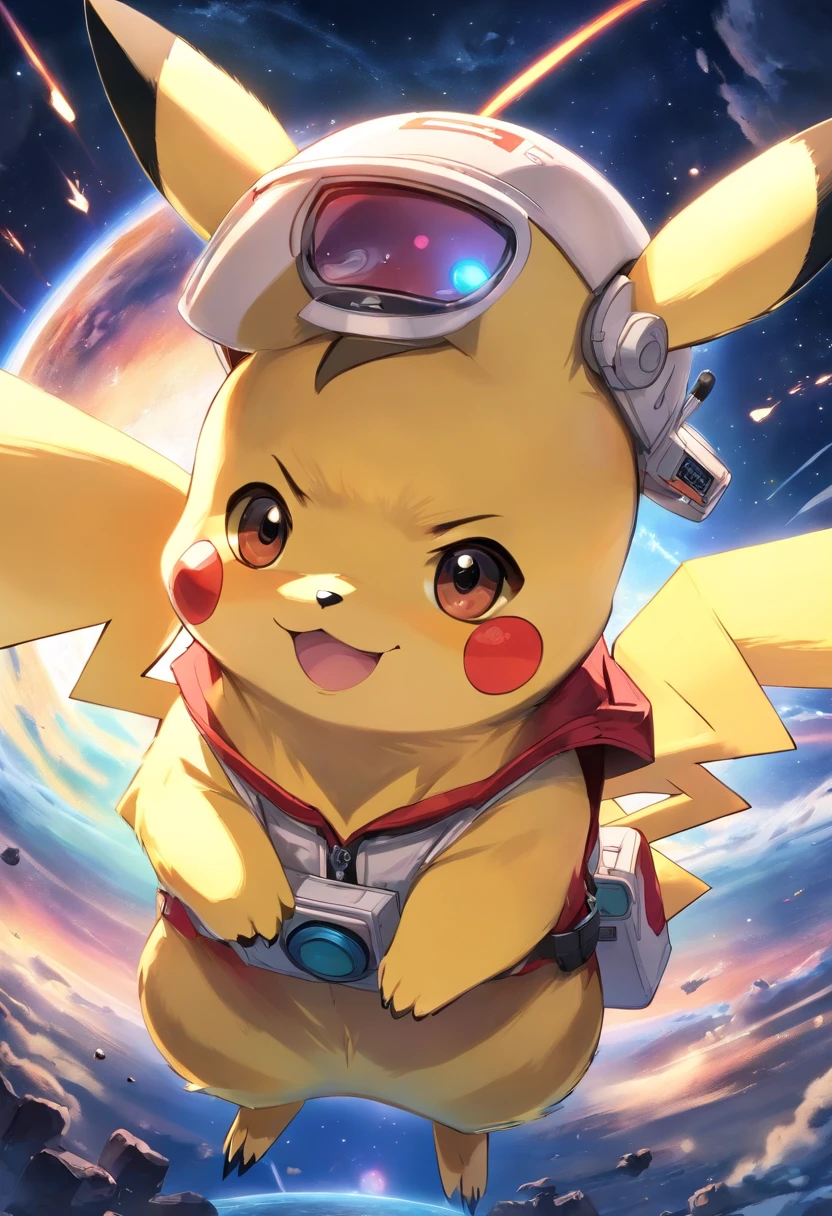 Playful and cute Pikachu wearing astronaut costume，Lively and agile，Pikachu has a large area of traditional tattoos on his body，Tattooed flower arms，Upper body tattoos，Yellow and soft hair，Red blush，Size, Twinkle eyes，Cute pointy ears。(Pikachu:1.5),