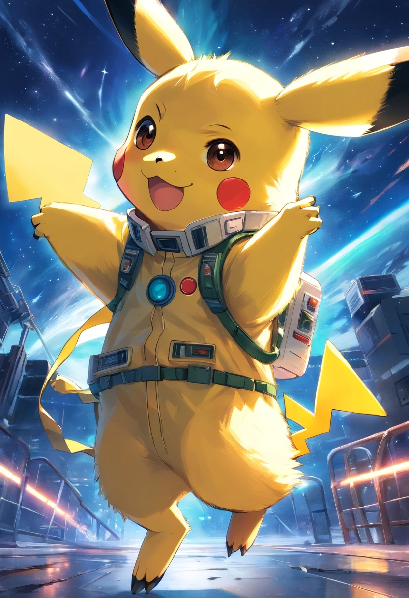 Playful and cute Pikachu wearing astronaut costume，Lively and agile，Pikachu has a large area of traditional tattoos on his body，Tattooed flower arms，Upper body tattoos，Yellow and soft hair，Red blush，Size, Twinkle eyes，Cute pointy ears。(Pikachu:1.5),