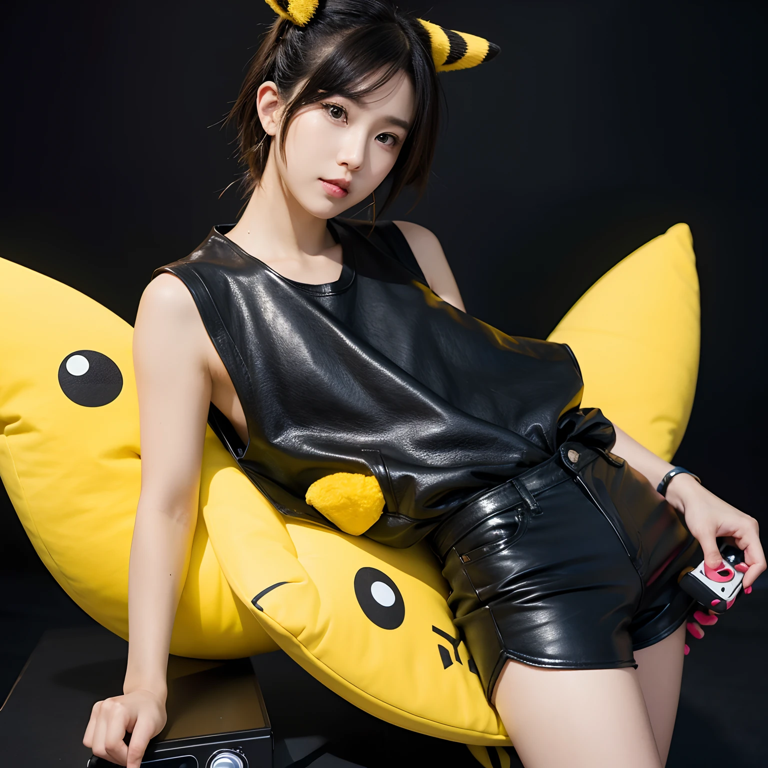 Please generate:A picture of an anime character,requirements:"Pikaku is a cute cool boy who blends Pikachu elements。He wears a black leather vest and shorts,The bracelet is set with gemstones in the shape of Pikachu。Pika cool is always optimistic and positive,Love to laugh,There are always small snacks and video game consoles hidden in your pockets。His eyes、Face、Lovely ears and nose,Big, round eyes like Pikachu,The whole is very moving。”