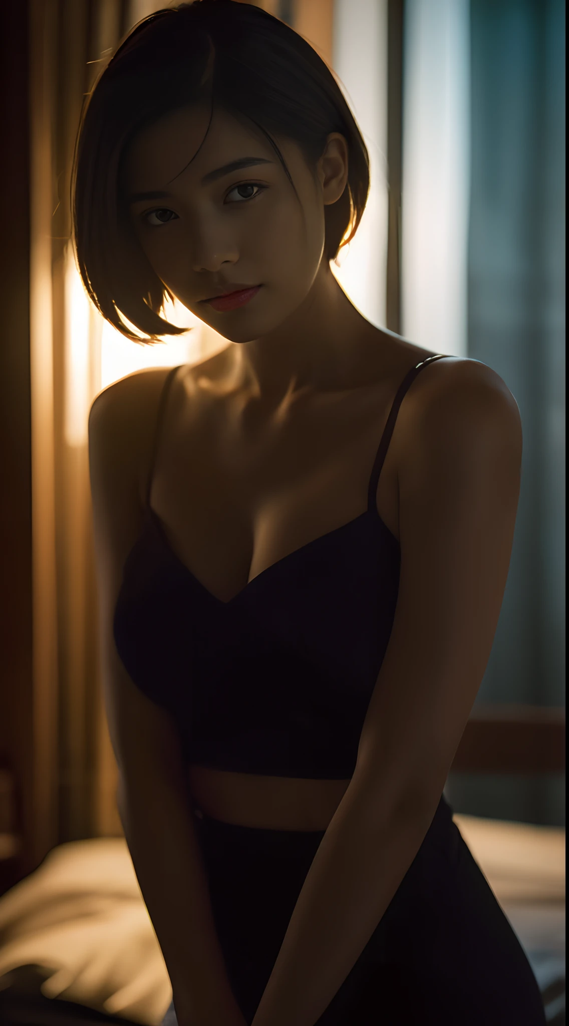 Best quality, masterpiece, ultra high res, (photorealistic:1.5), raw photo, 1girl, offshoulder, in the dark, deep shadow, low key, cold light, sexy look, short hair