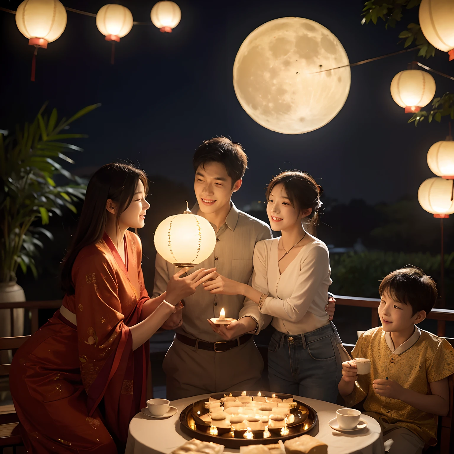Mid-Autumn Night,The moon hangs high,Family reunion,Enjoy the bright moonlight。Reunion cake on the table,The lanterns are shining,Traditional stories whisper in your ears。Soulful reunion scene、Bright moonlight、Delicious mooncakes with lanterns,Carefully depicted,The warmth and romance of the Mid-Autumn Festival are presented on canvas。