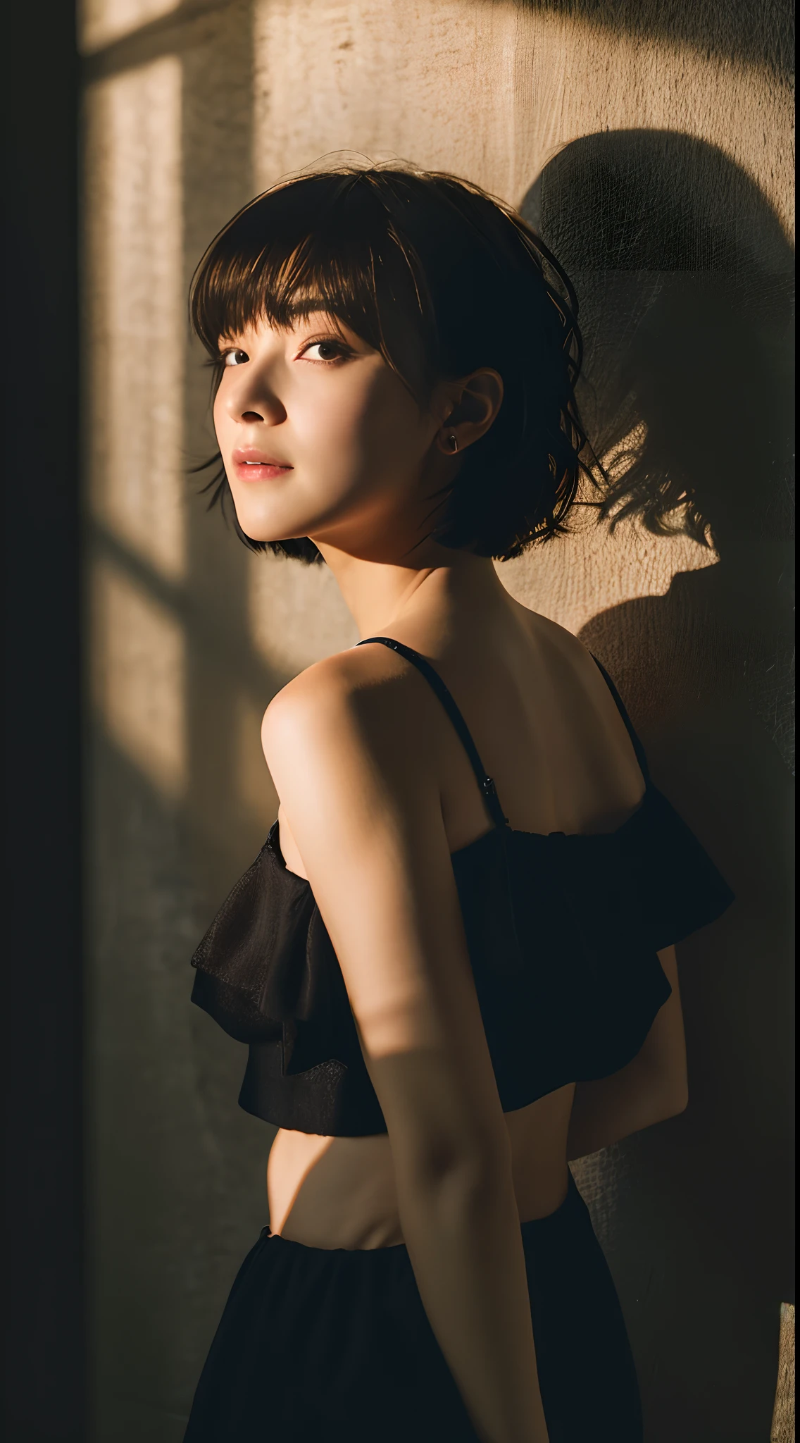 Best quality, masterpiece, ultra high res, (photorealistic:1.5), raw photo, 1girl, offshoulder, in the dark, deep shadow, low key, cold light, sexy look, short hair