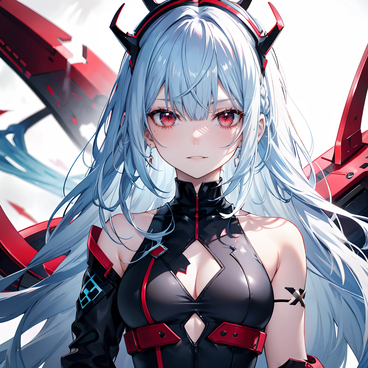 Pale blue hair，By bangs，long whitr hair，red color eyes，By bangs，teens girl，Evil expressions，Villain expression
