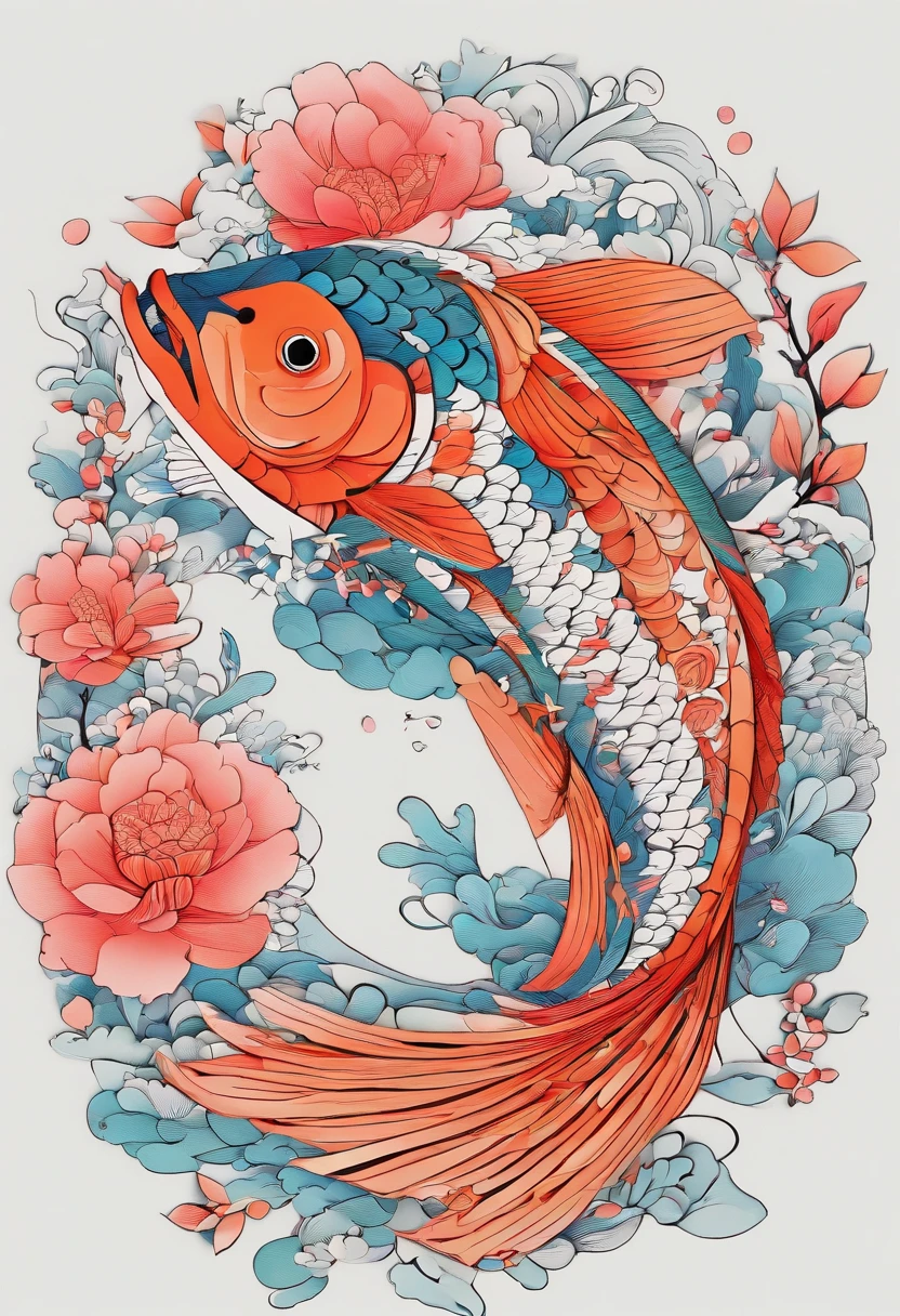 （Silhouette of a koi,Colorful camellias)，White background，(paper art, Quilted paper art:1.2, geomerty:1.1, zentangle,a 3D render), (Extremely colorful, Best quality, high detal, Masterpiece, Cinematic lighting, 4K)（Colorful carp)，White background，(paper art, Quilted paper art:1.2, geomerty:1.1, zentangle,a 3D render), (Extremely colorful, Best quality, high detal, Masterpiece, Cinematic lighting, 4K) hand-drawn effect,Round waves，9 fish，