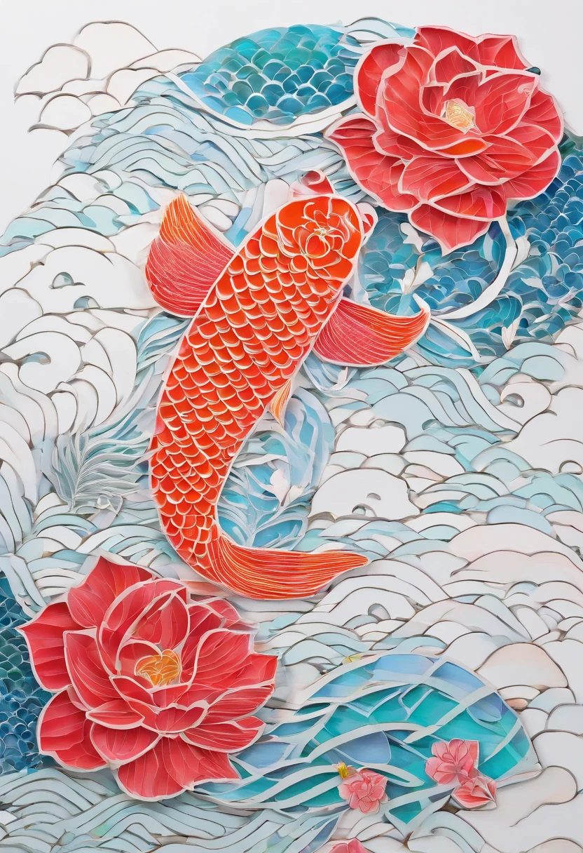 (Silhouette of a koi,Colorful camellias),White background,(paper art, Quilted paper art:1.2, geomerty:1.1, zentangle,a 3D render), (Extremely colorful, Best quality, high detal, Masterpiece, Cinematic lighting, 4K)(Colorful carp),White background,(paper art, Quilted paper art:1.2, geomerty:1.1, zentangle,a 3D render), (Extremely colorful, Best quality, high detal, Masterpiece, Cinematic lighting, 4K) hand-drawn effect,Round waves,9 fish,