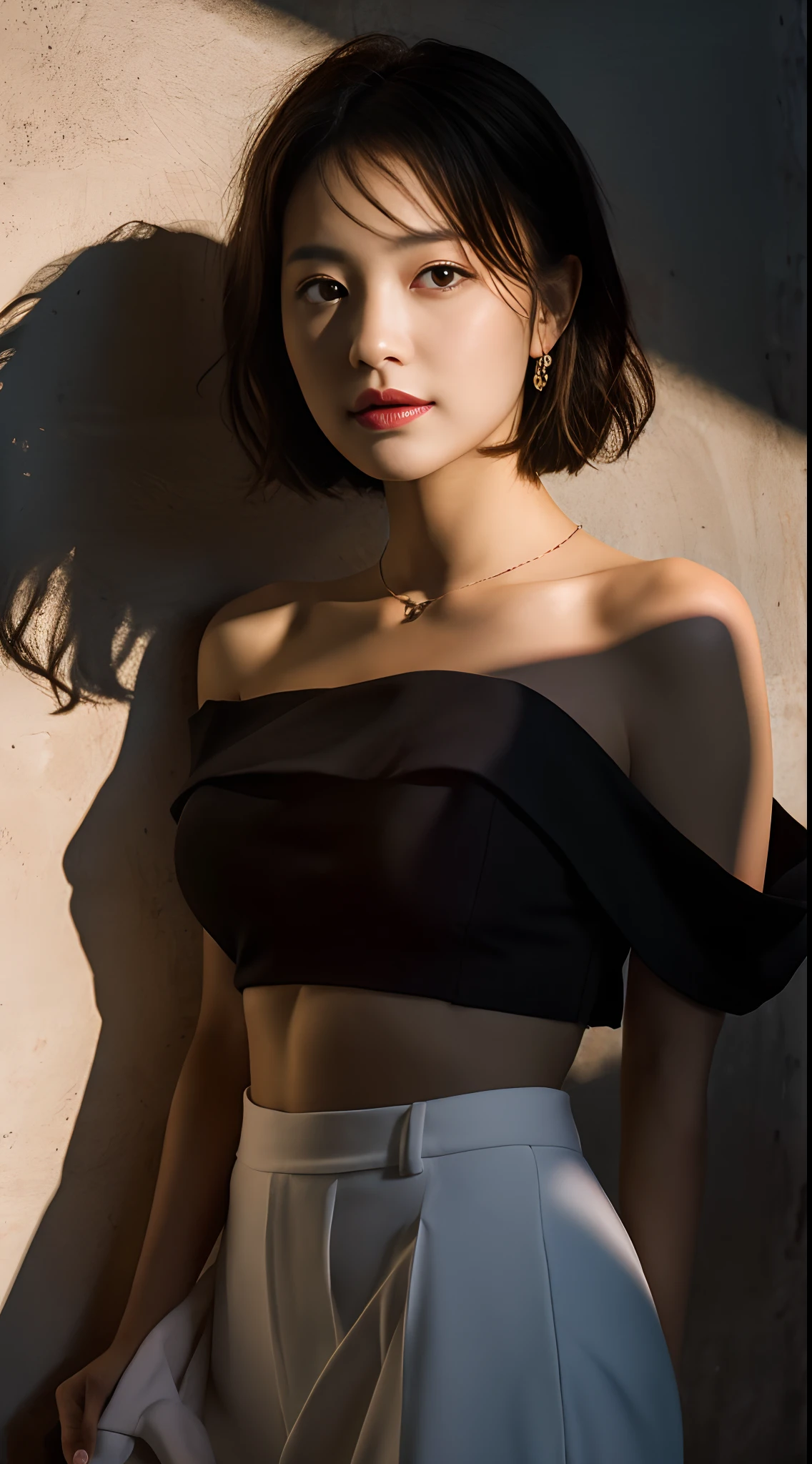 Best quality, masterpiece, ultra high res, (photorealistic:1.5), raw photo, 1girl, offshoulder, in the dark, deep shadow, low key, cold light, sexy look, short hair