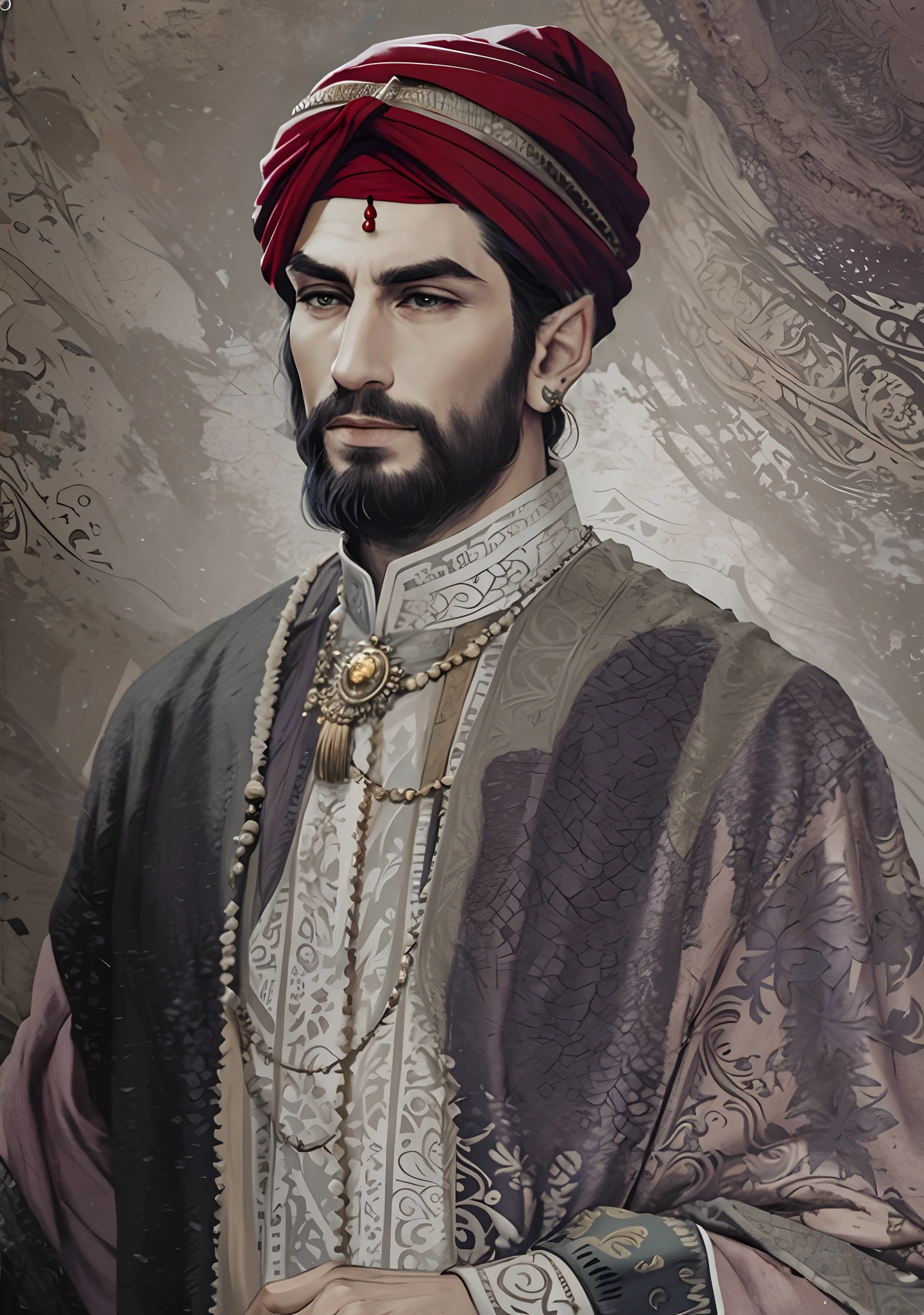 "(best quality,highres),low saturation turban,red,portrait,sharp focus,detailed features,studio lighting,contrast,ethnic,exquisite fabrics"