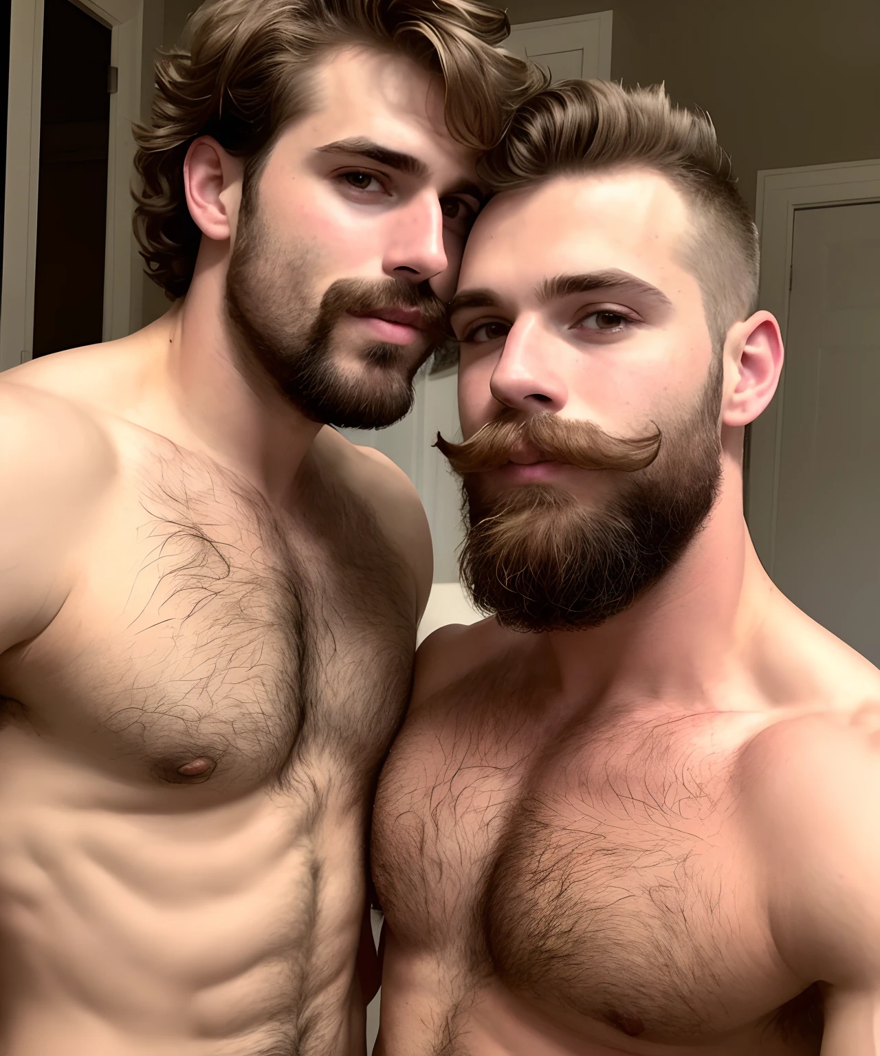 Two attractive young shirtless men, kiss, hyperrealistc, mustache, facial hair, homoerotic, hairy chest, chest hair, hairy legs, gay