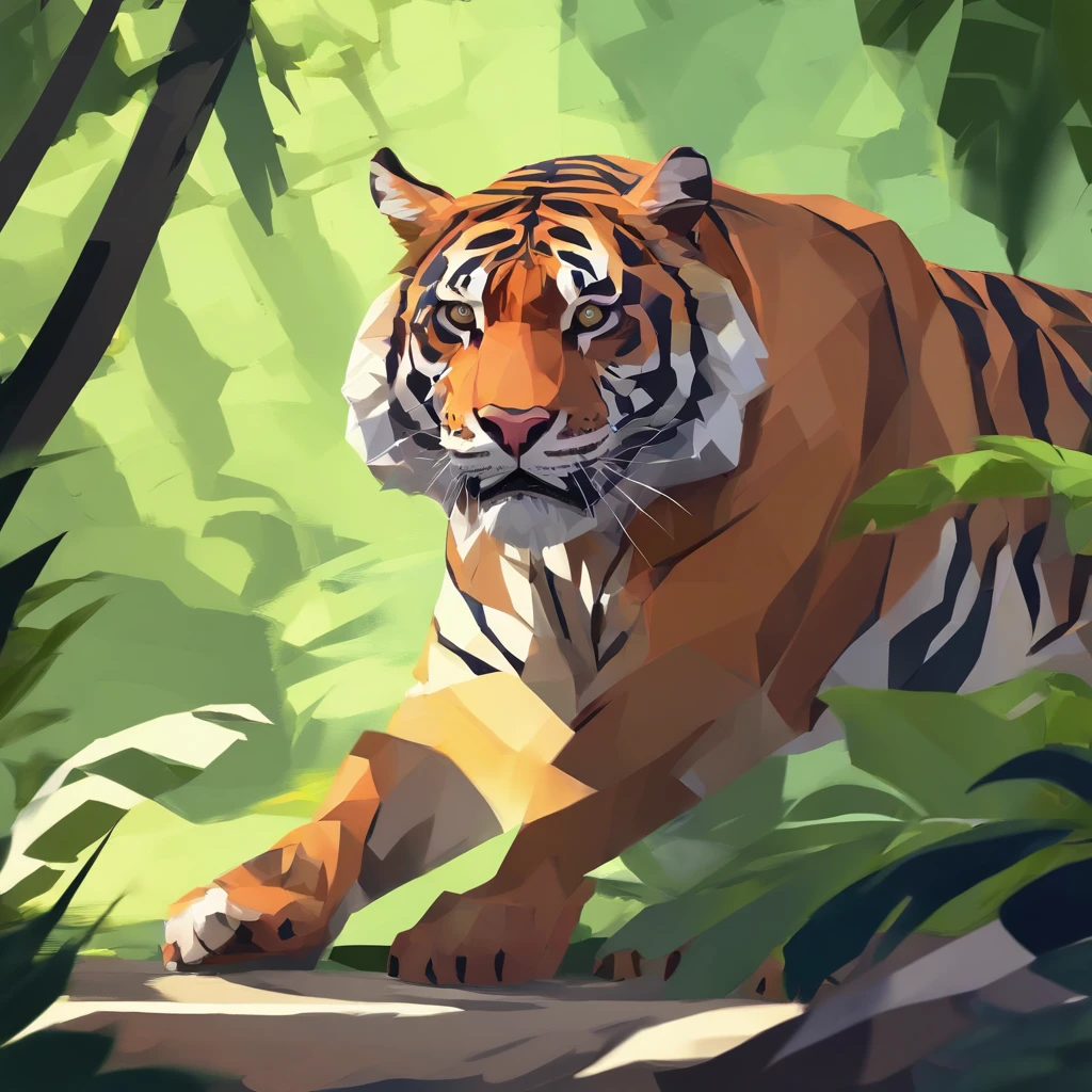 (best quality,4k,8k,highres,masterpiece:1.2),ultra-detailed,(realistic,photorealistic,photo-realistic:1.37),A Tiger male,striking colored fur,detailed stripes,sharp teeth and claws,powerful and muscular physique,intense and piercing eyes,ferocious and majestic,deep in the lush jungle,backlit by golden sunlight,contrasting shadows and highlights,expressive and animated pose,showcasing strength and agility,with a regal and confident stance,embodying wild beauty,verdant foliage in the background,immersed in vibrant greens and dappled light,and a sense of raw wilderness, with a touch of danger.