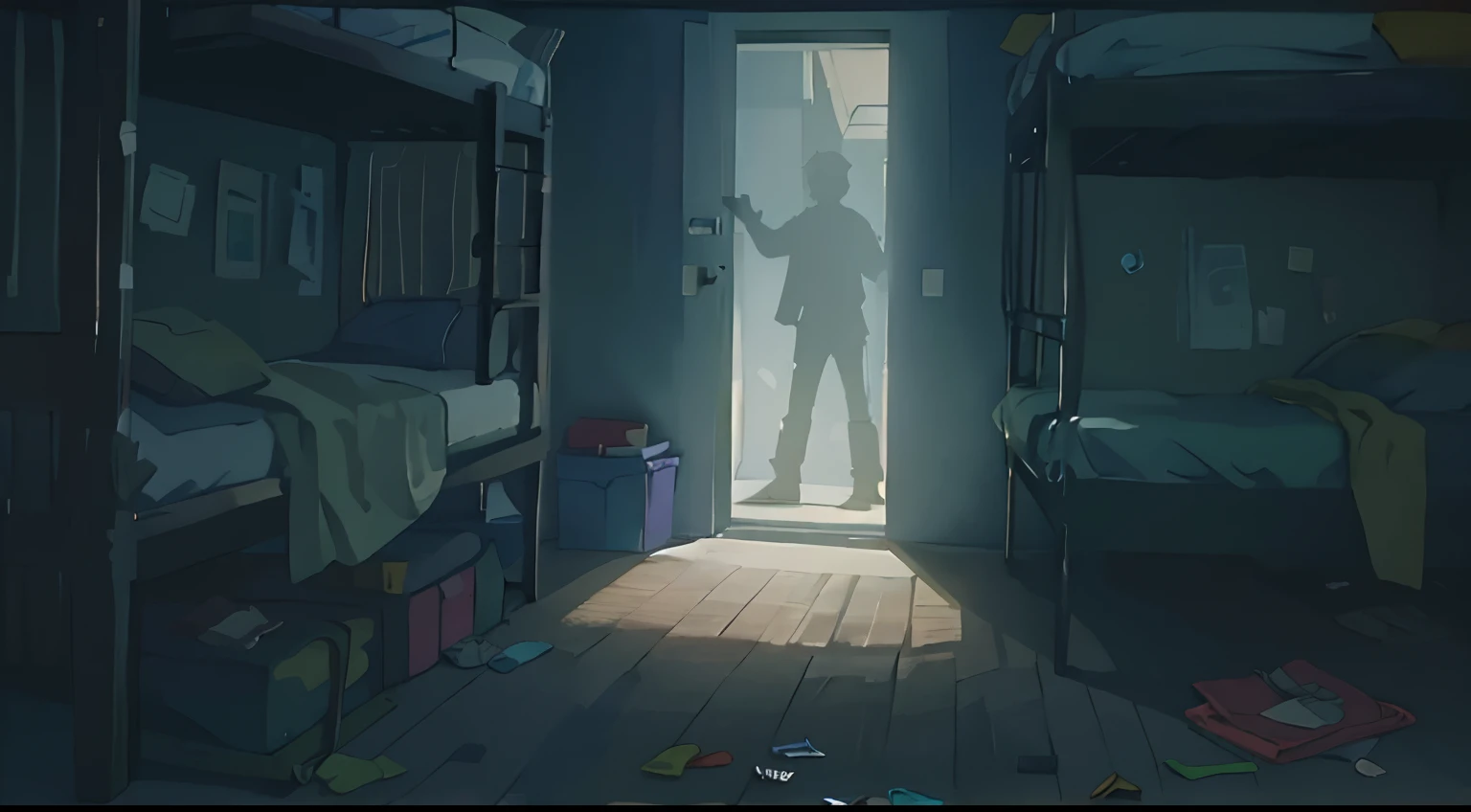 Background of 4 bunk beds and a single doorway and shadow of a man standing there filled with kids stuff on the ground