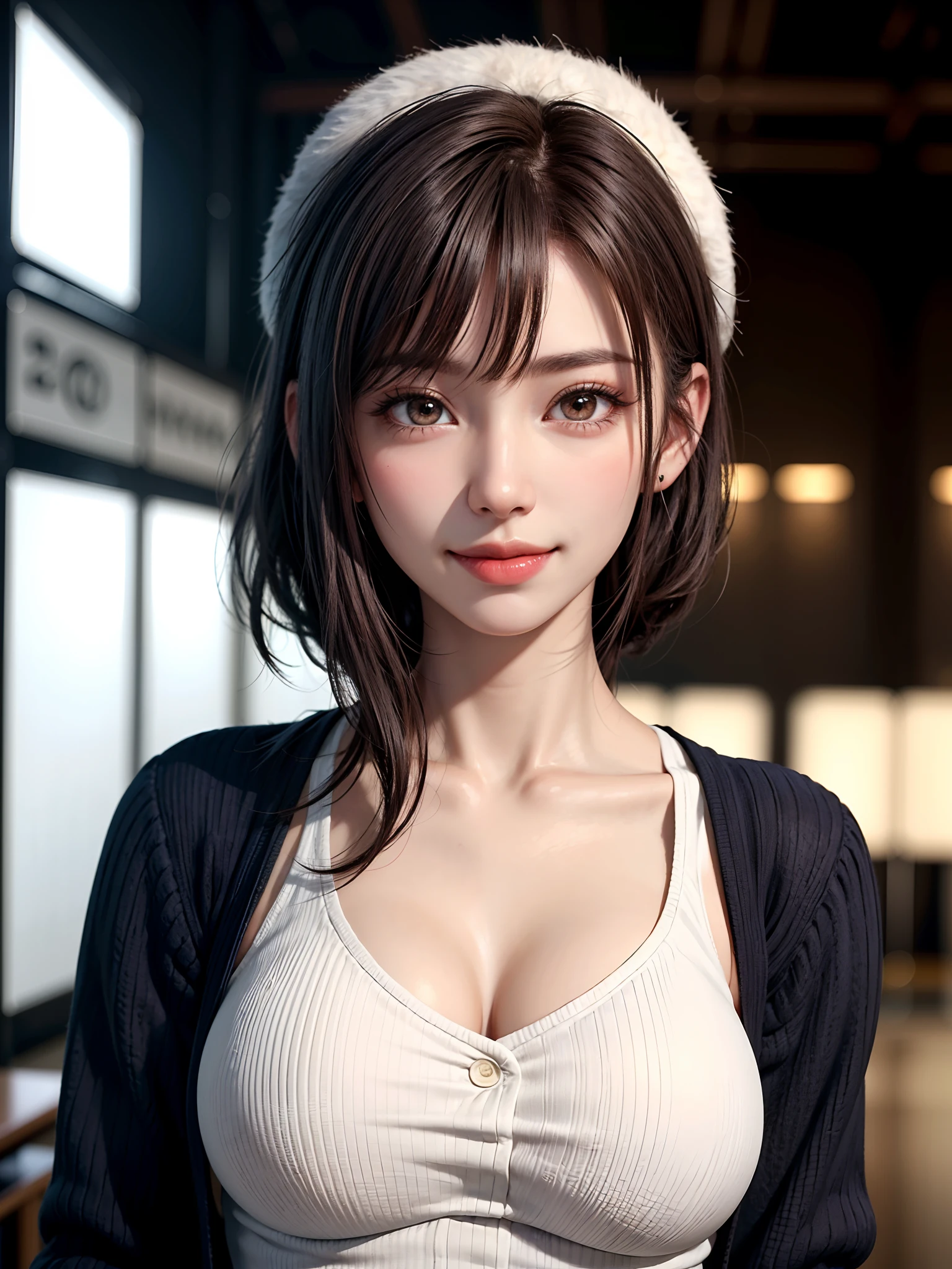((masterpiece, top-quality、Shiny brunette short bob hair、Beautiful woman full of adult charm、Intense highlighting of the eyes)),1girl in, 独奏, scarf, Hats,, realisitic, looking at the viewers, brown eyes of light color,, shorth hair, coat, Winter clothes, White headscarf, s lips, lipgloss,bangss, a closed mouth, The upper part of the body、big eye、Lashes、((Street))、((big eye、very Bigger breasts、gazing at viewer、Very beautiful beauty、Put your ears out、long neck、little smiling、Close your mouth and smile)))、28 year old、Cute supermodels