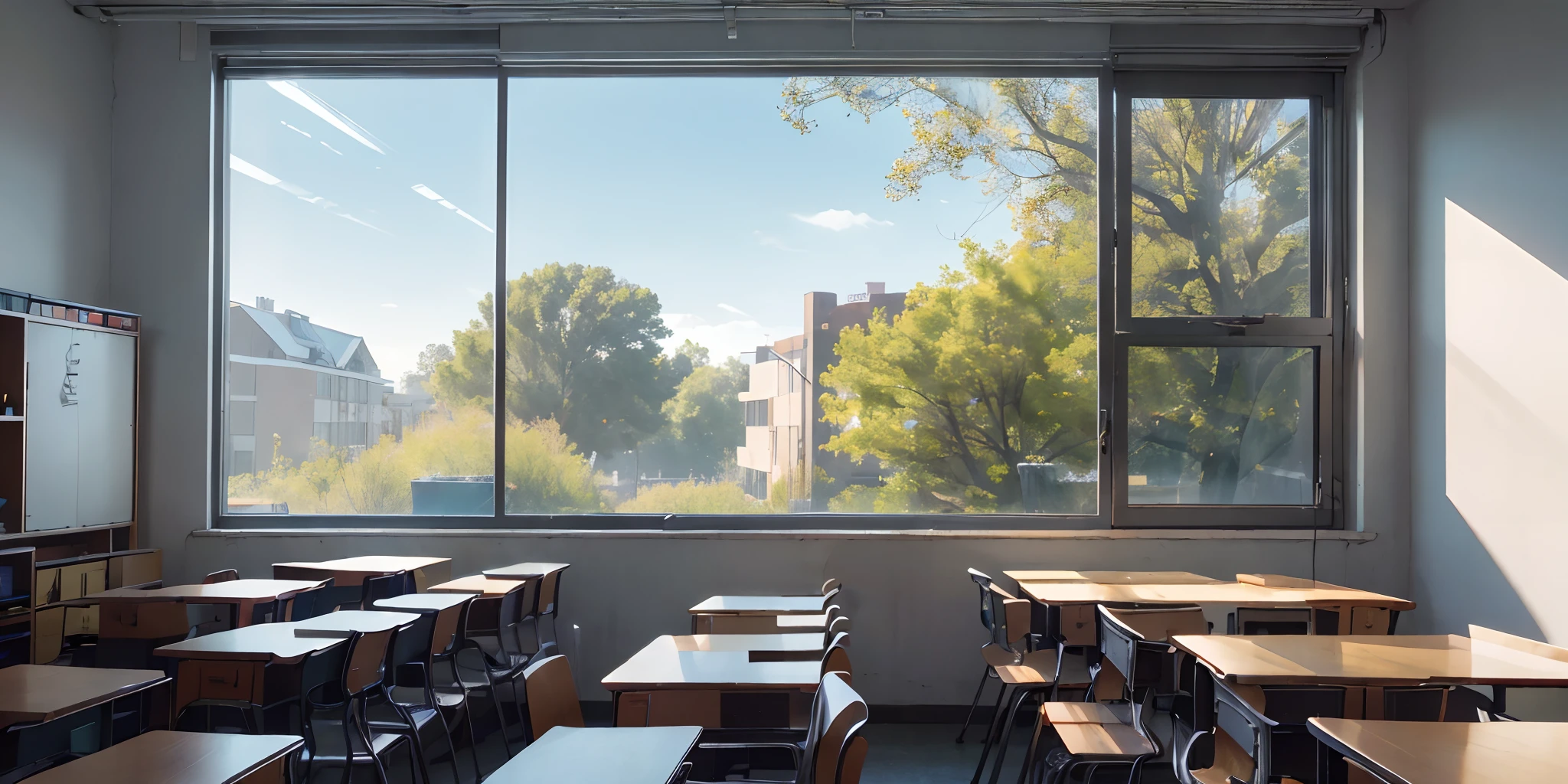 In 2022，springtime，(No Man:1.2)，Live photos，School Classroom，classroom desk，stools，There are books on the table，The sun shines in the classroom，Light wind，((Campus scene:1))，Natural soft light，brightly，lichen，vectorstyle，super detailing,