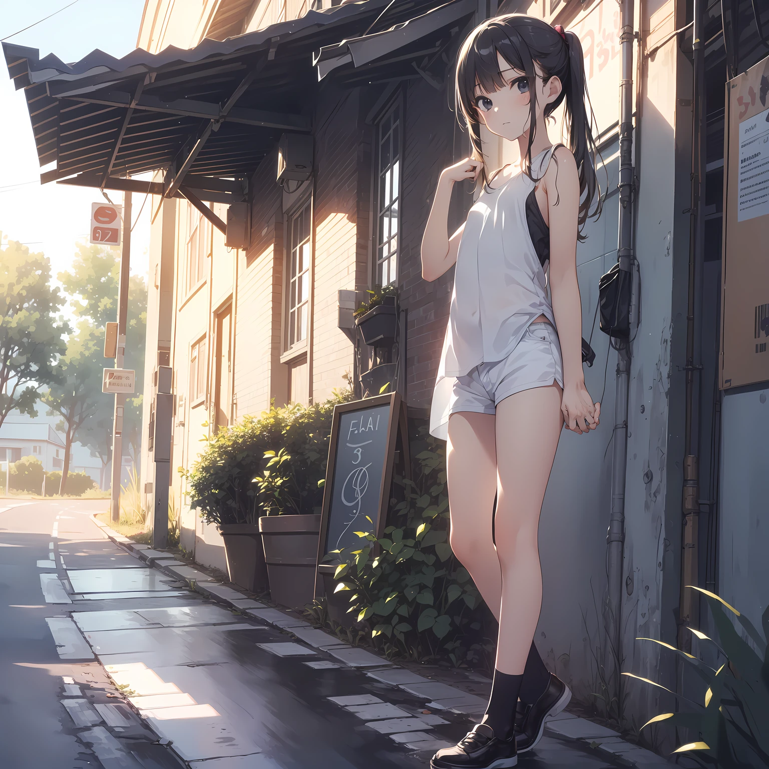 Top Quality,high resolution,1girl,kawaii,(solo,loli face,9 years old:1.5),a junior high school student, low ponytail,Full limbs,complete fingers,flat chest, Small butt,groin,Beautiful detailed black eyes,tank top,shorts,(Detailed Lighting), (Detailed background), (rural road),nsfw,