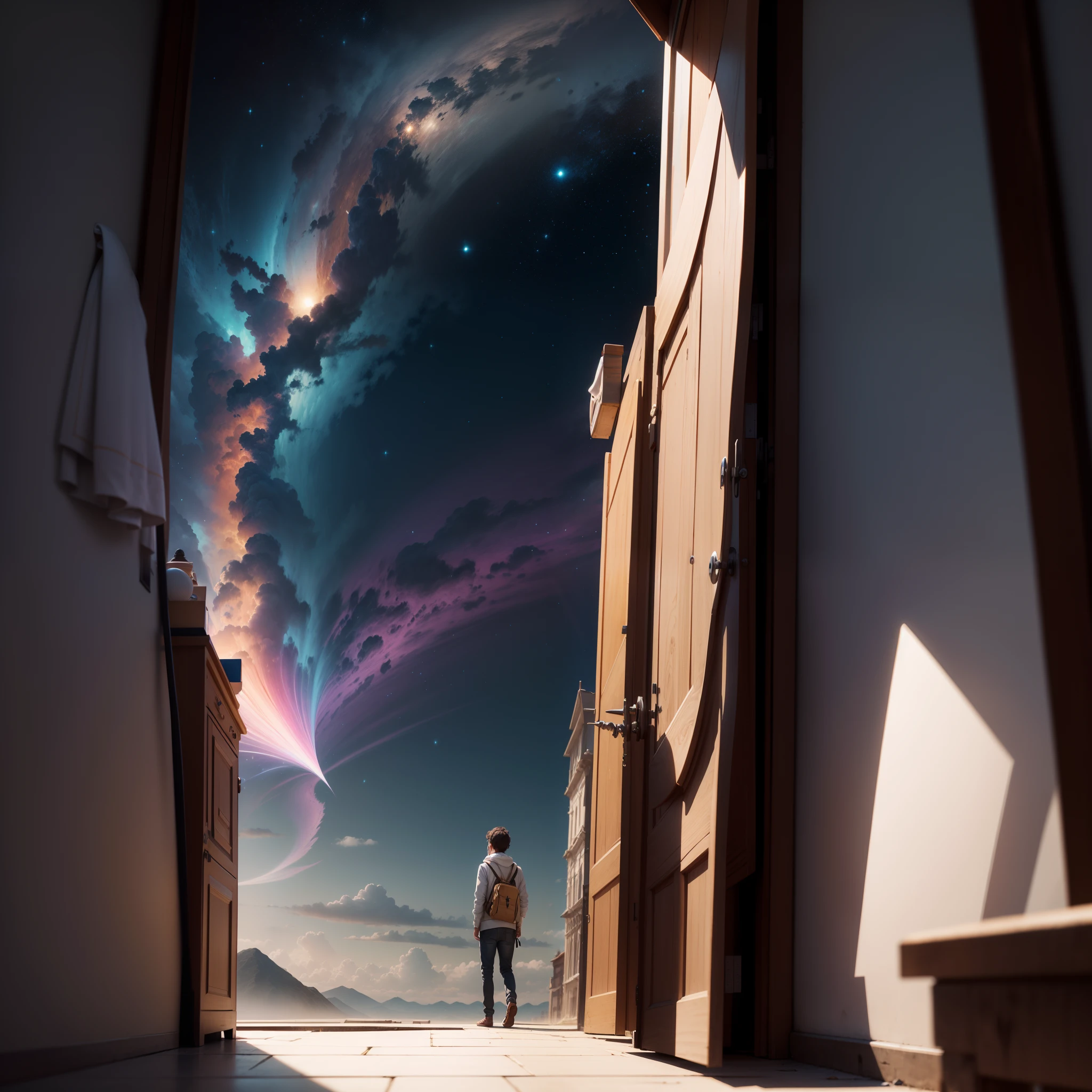 Pensamientos profundos, Ambiente misterioso, confusion, 4k, realista, Calidad Ultra, Entorno lleno de secretos, muchos colores brillantes, el mundo como conexiones neuronales humanas, Lo que pasa por la cabeza de un genio, Una persona mira todo esto desde un lado, Vista desde la espalda de una persona