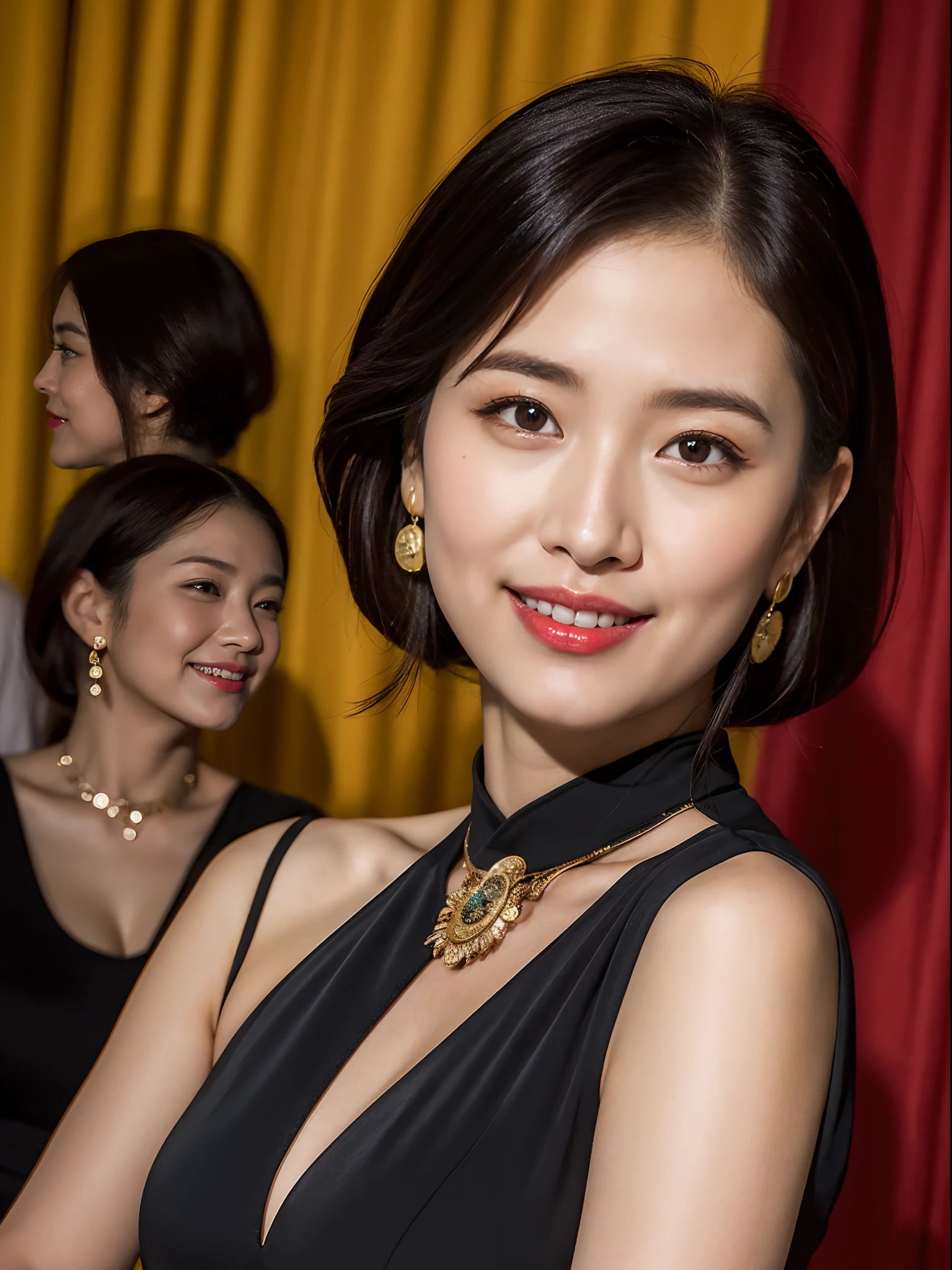 (RAW photo:1.2), (Photorealistic:1.4),Beautiful detailed woman,very detailed eyes and faces, A detailed eye, ultra - detailed,A high resolution, The is very detailed,best qualtiy,illustratio,unified,8k 壁纸,tmasterpiece,best qualtiy,a 1 woman,Solo,Rich,full bodyesbian,Slightly chubby figure,toned figure,There is meat on the legs,Slim waist,Solo,Long cheongsam,Temperament cheongsam,high-heels,Gem Necklace,Coiled hair,Gentle smile,Dignified atmosphere,Black eyes,realisticlying,Attend a cocktail reception