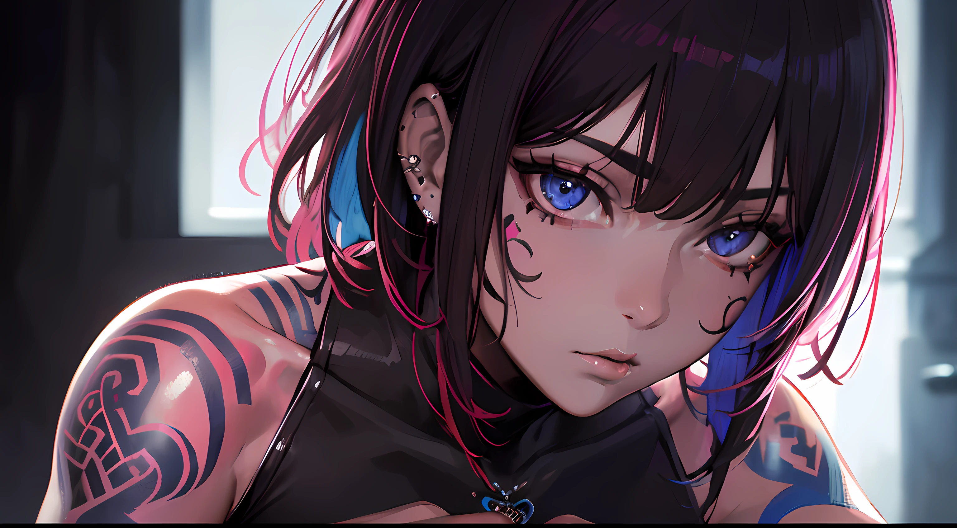 (handmade tattoo), (metallic piercing), (pretty face), (tattooed arm and chest), (sleek haircut), (fit body), (confident pose), (high contrast lighting), ( visually stunning), (vibrant colors), (captivating look), intense expression, (exquisite details), (masterpiece:1.2), (realistic:1.37), (professional quality), (ultra-detailed), (vivid colors),