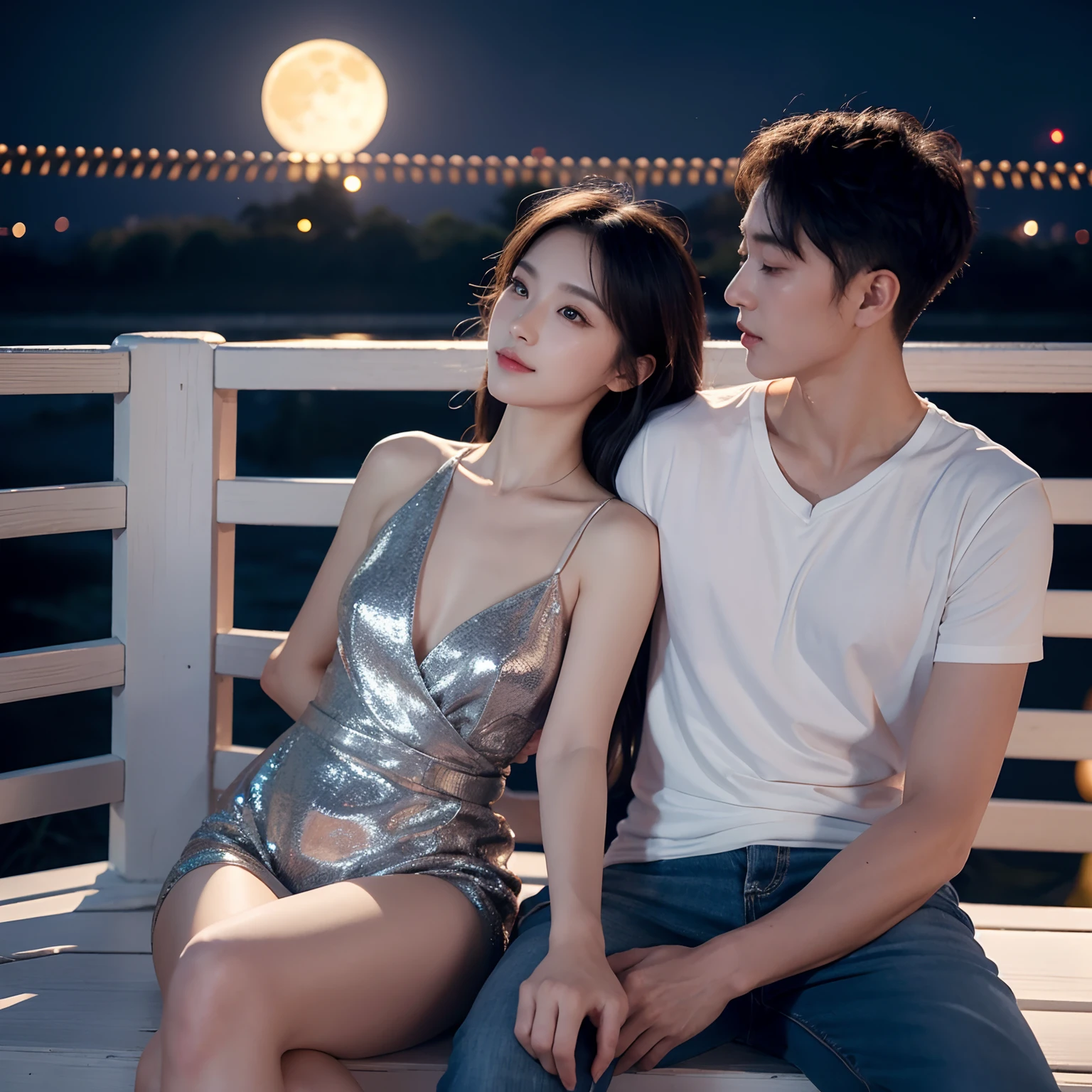 On the night of the Mid-Autumn Festival，A bright full moon hangs over the night sky，A silver glow shines on the earth。A couple watching the moon on the bridge