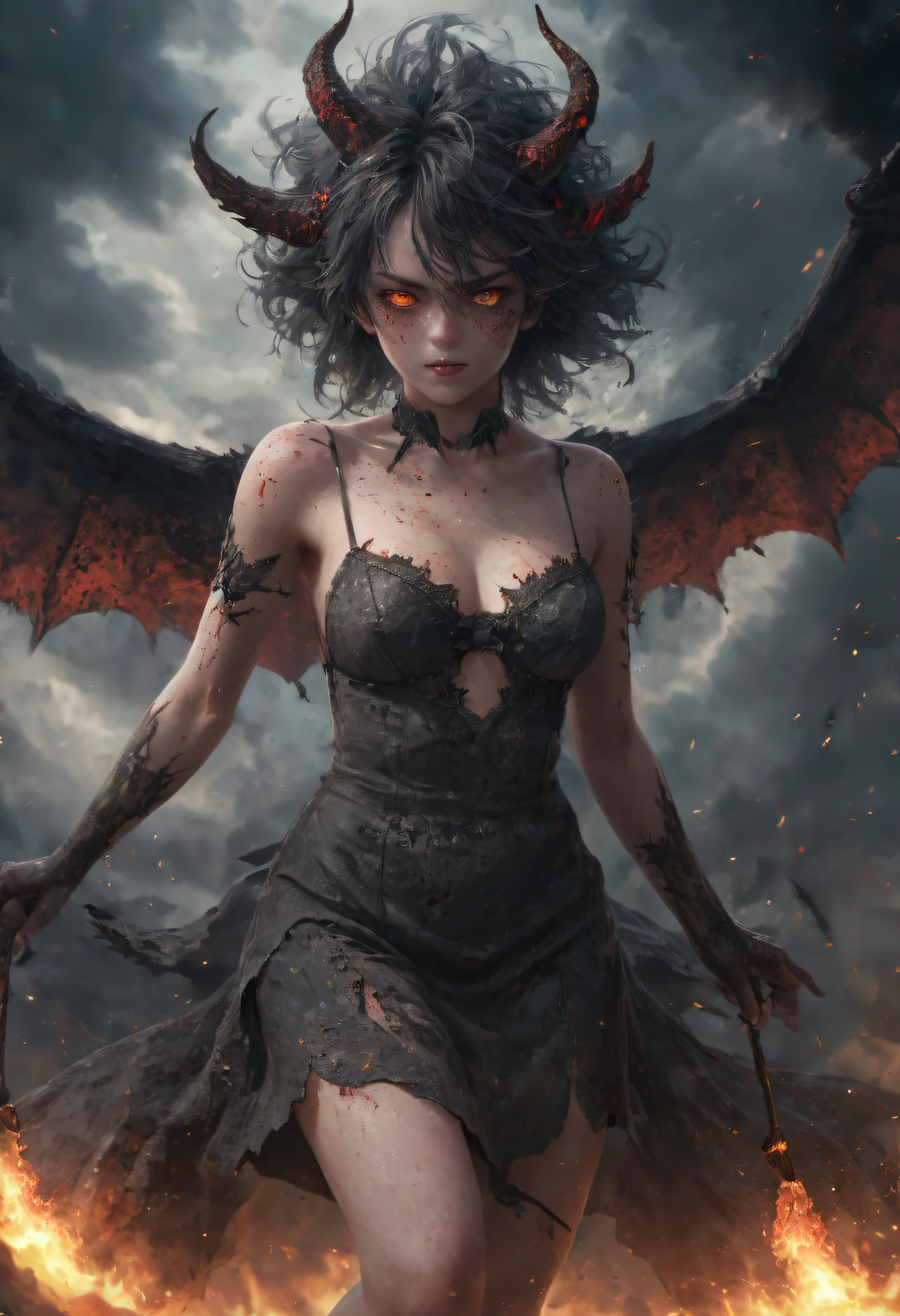 illustration:digital art by Bastien L. Deharme, Dark fantasy art imagery composed entirely of fly ash and ash particles depicts a lavishly beautiful demon,Hot eyes,Fly high, Messy hair, She wore an air dress woven entirely of ash and fire particles。,Engage in telepathy, (Her skin was covered with large particles of ash and small particles of fire。。), angry look, Stunning, Beautiful, Flying particles:1.7, dark shot:1.17, Sharp focus, Mystery, Clear face,