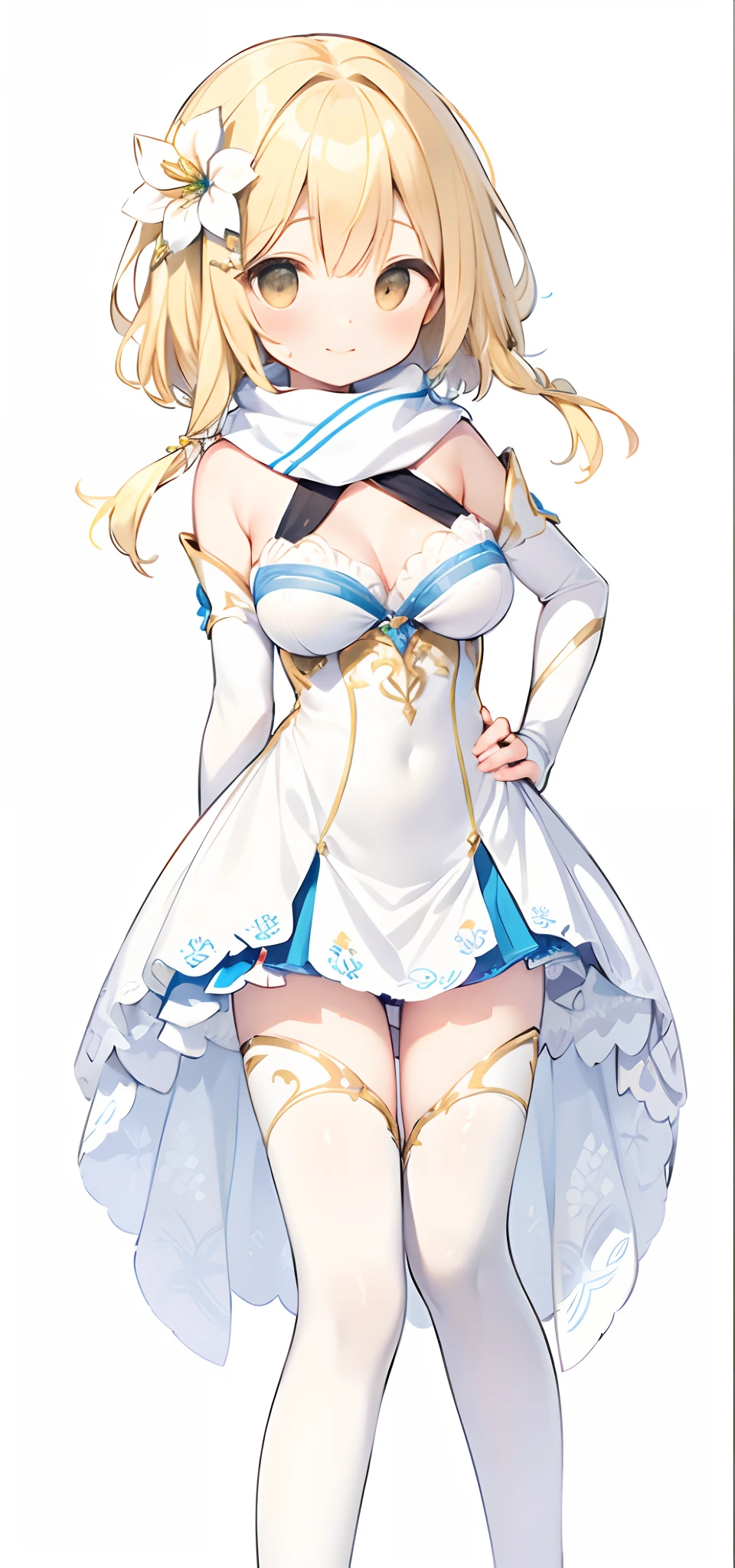 Blonde Short-Cut Hair、White big big floral ornament、Beautiful collarbone、White Opera Globe、Yellow eyes、Simple Leather White Corset Armor、Hands on the hips、tits out、skinny thigh、Sun Smile、White knee-high socks、White headscarf、