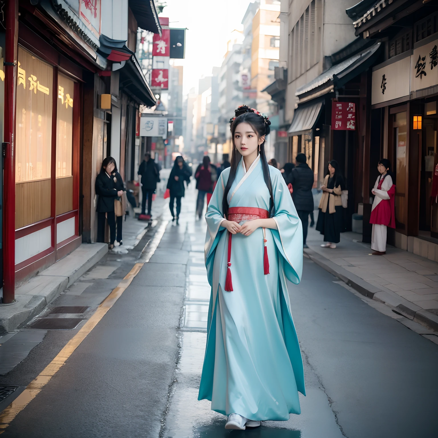 -year-olduty dsed in Hanfu,Walk down the bustling street