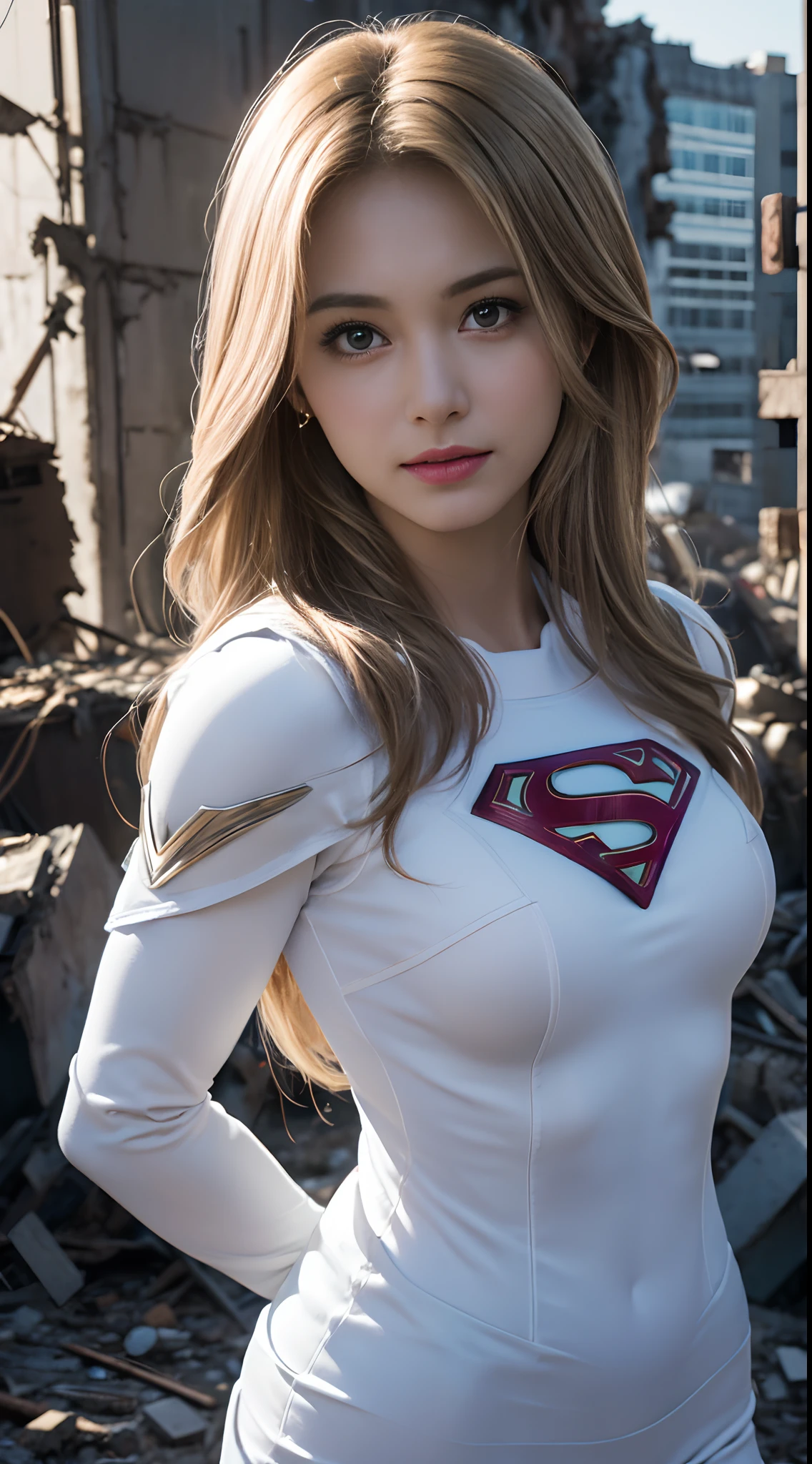 (White Superhero Theme Supergirl),( Apocalyptic city destroyed:1.4),(Superchica:1.4), (cabello blanco canoso ),More detailed 8K.motor irreal:1.4,UHD,La mejor calidad:1.4, fotorrealista:1.4, textura de la piel:1.4, obra maestra:1.8,obra-prima, mejor calidad,objeto Objeto], (detailed face features:1.3), (manos Detallado:1.4),