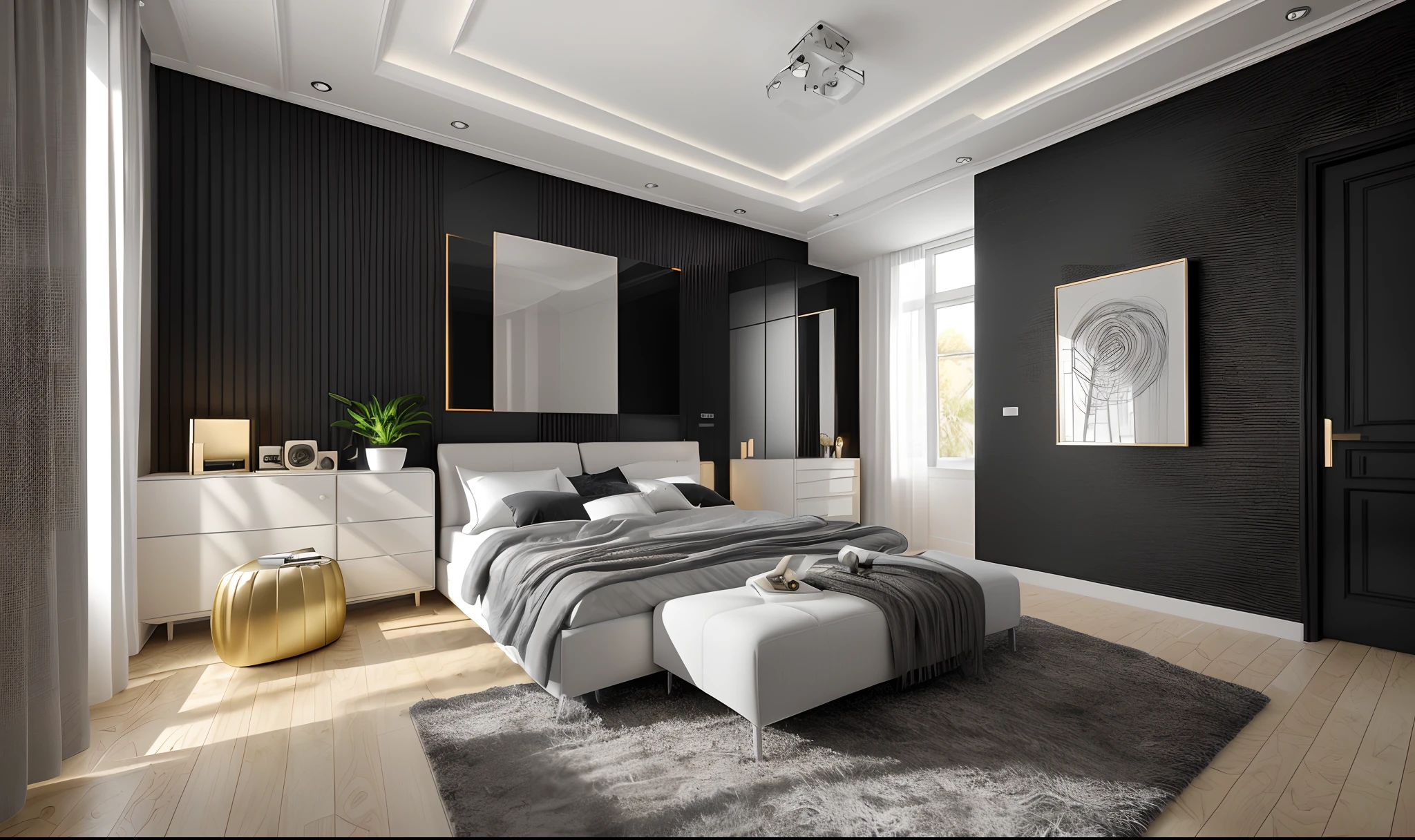 (masterpiece),(high quality), best quality, real,(realistic), super detailed, (full detail),(4k),8k,indoors,table, couch, potted plant, plant, scenery, chair, solo, wide shot, window, sitting, socks, instrument, plate, carpet, pillow, shoes, bed,a rendering of a bedroom with a bed and a dresser, an interior of room, inside of a bedroom, bedroom interior, sketch black and white colors, interior of room, in style of 3d render, bed room, black and white scheme, bedroom background, interior of a small room, sketch illustration, room interior, dim bedroom, interior design background, (( Masterpiece)), high quality, ultras realistic, 8k, modern style, hitech style, ((true light)), concept lighting, luxury style,