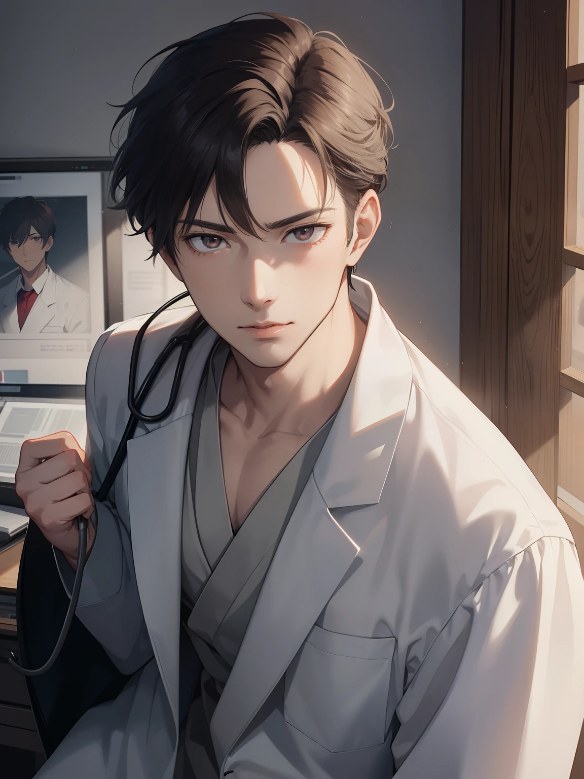 High quality, Masterpiece, 25 age old，Anime male doctor，Brown bottom cut, Handsome and tall, wearing a white doctor's robe，Black trousers, Reveal a serious expression, Stand in the hospital office, Close-up of the bust.