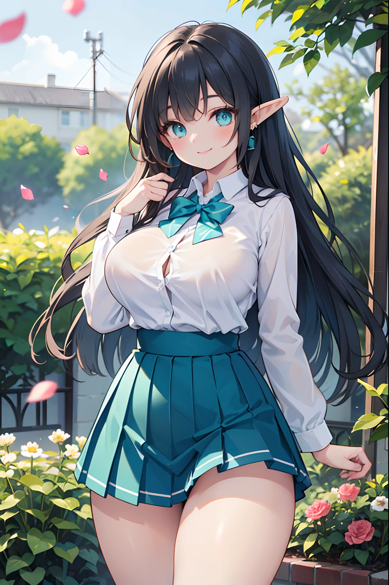 Realistic and detailed image of an elf dressed in a school uniform and pleated micro skirt. She has long wavy black hair. Turquoise eyes. She has earrings, long eyelashes. She has large breasts, slim waist, wide hips and thick thighs. Smiling, pleased face. Arched back. There is a garden with flower petals falling around her.