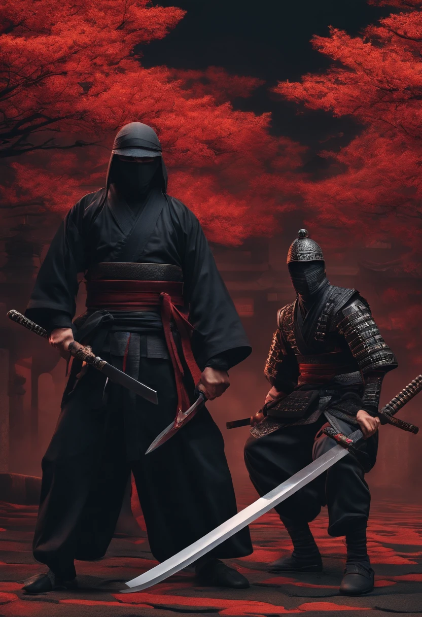 Japanese ninja with wielded katana and a line of the sword cutting with a man slumped behind him in pixel art model with all the details and best quality possible