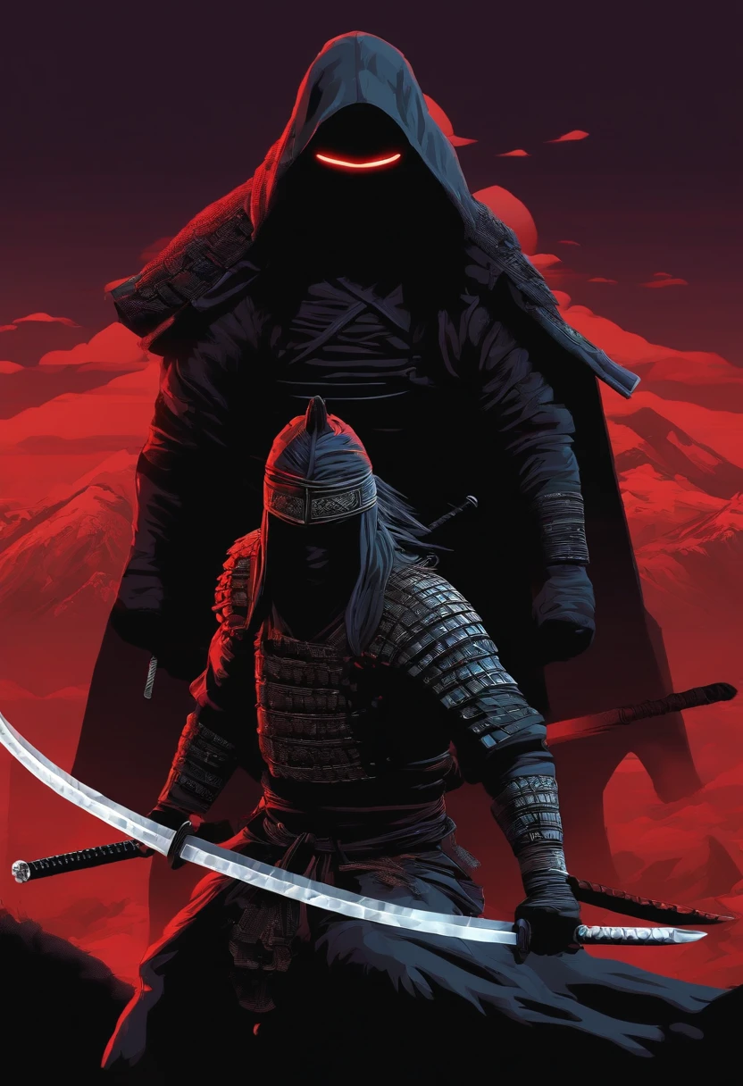 Japanese ninja with wielded katana and a line of the sword cutting with a man slumped behind him in pixel art model with all the details and best quality possible