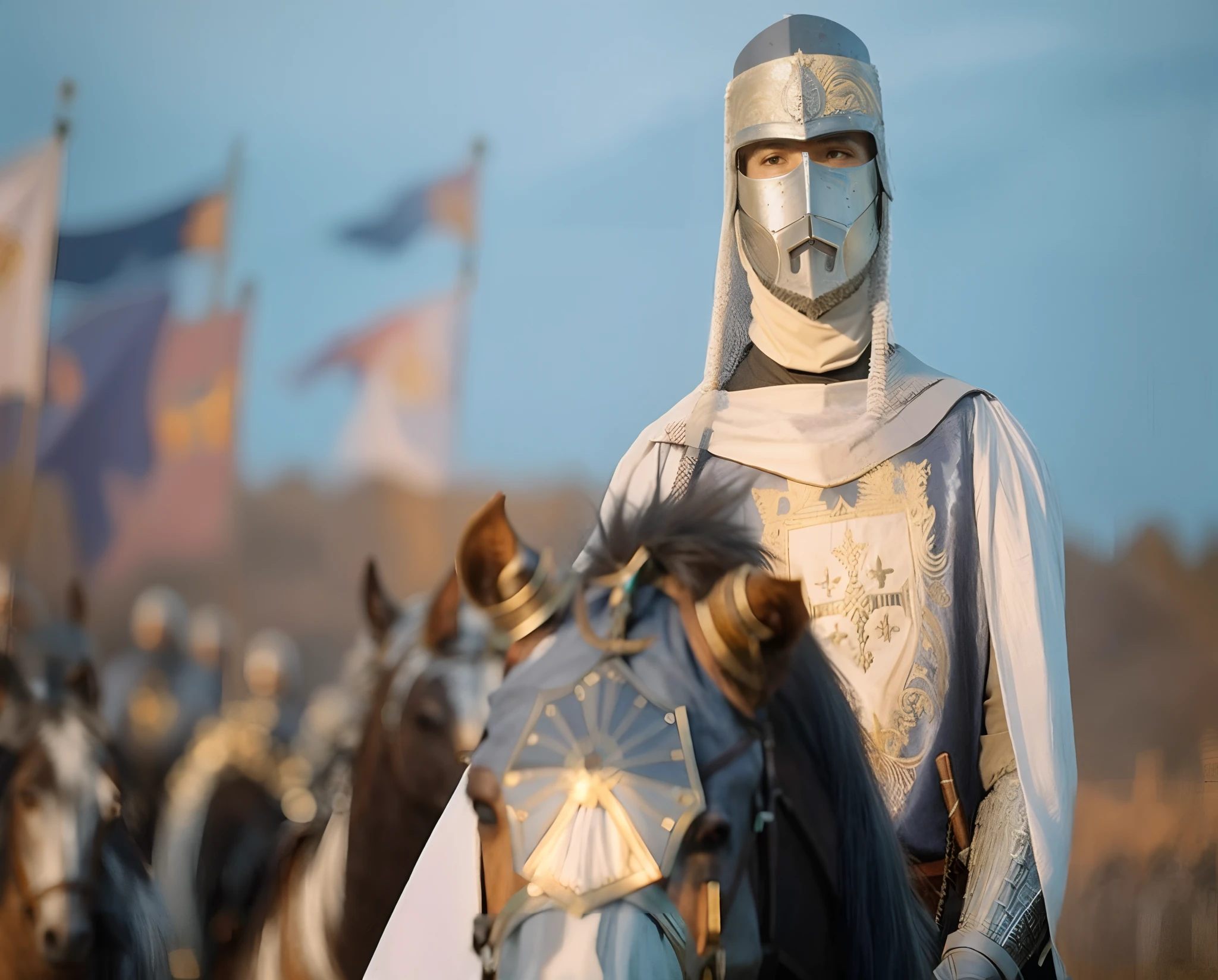 Baldwin IV, o Rei Leproso, cavaleiro arafed em um cavalo com um capacete e uma espada, cavaleiro cruzado sagrado medieval, Santo cruzado medieval, cavaleiro medieval cruzado sagrado, Foto de Ricardo IV, o Rei Romano, Sqare-jawed em roupas medievais, Santo Cruzado Medieval, teutonic knight, historicamente preciso, cavalo, Ricardo IV, o rei romano, cavaleiro medieval, templar, ainda de um filme live action
