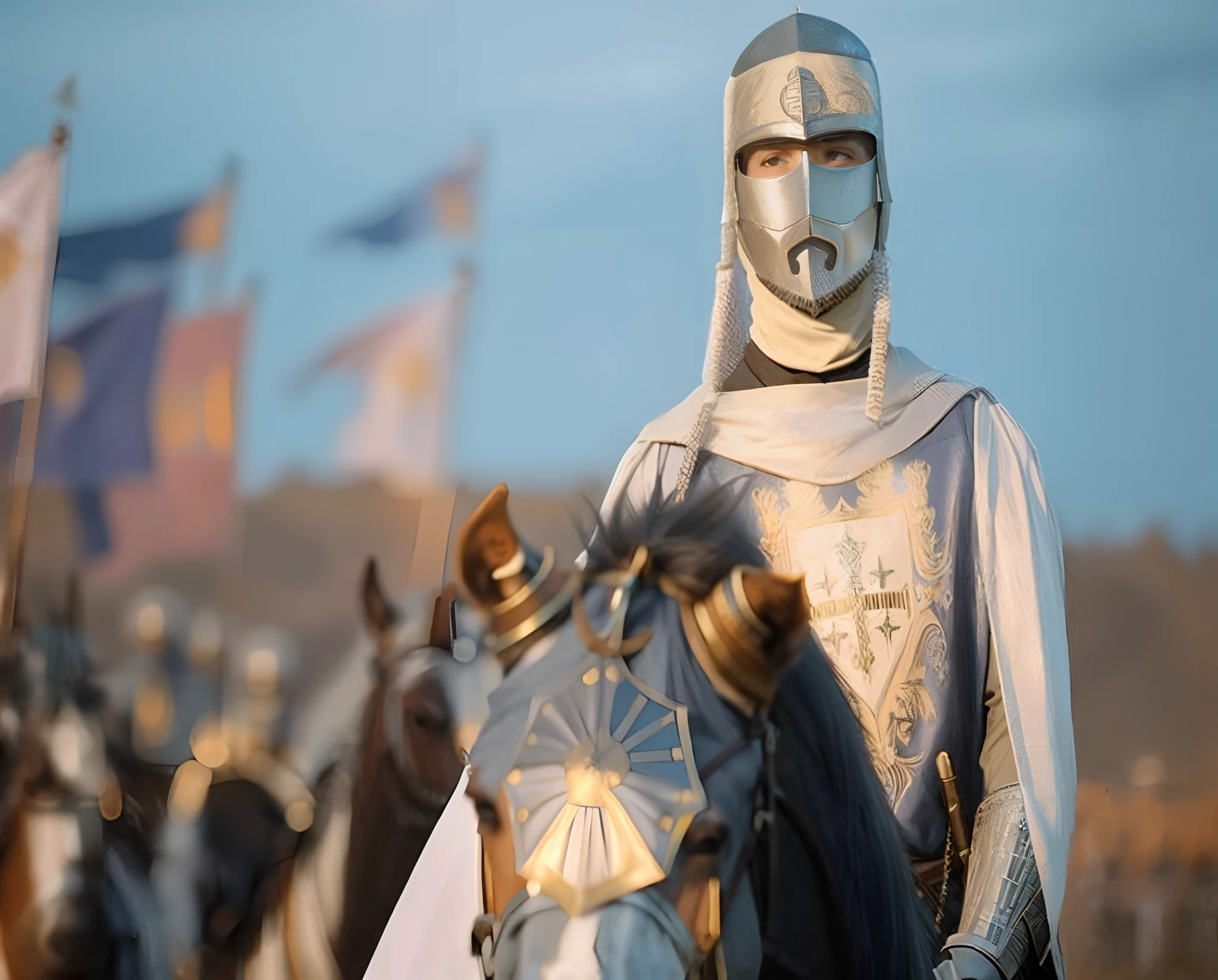 Baldwin IV, o Rei Leproso, cavaleiro arafed em um cavalo com um capacete e uma espada, cavaleiro cruzado sagrado medieval, Santo cruzado medieval, cavaleiro medieval cruzado sagrado, Foto de Ricardo IV, o Rei Romano, Sqare-jawed em roupas medievais, Santo Cruzado Medieval, teutonic knight, historicamente preciso, cavalo, Ricardo IV, o rei romano, cavaleiro medieval, templar, ainda de um filme live action