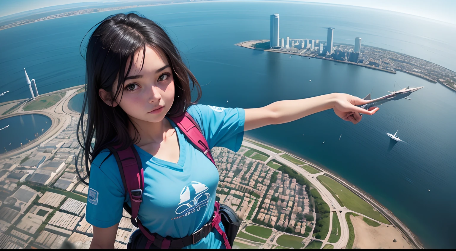 1 girl of 20 years, Sosteniendo el planeta azul en la mano, Estar en el aire, bird 's-eye view, science fiction city, Hay resplandor,